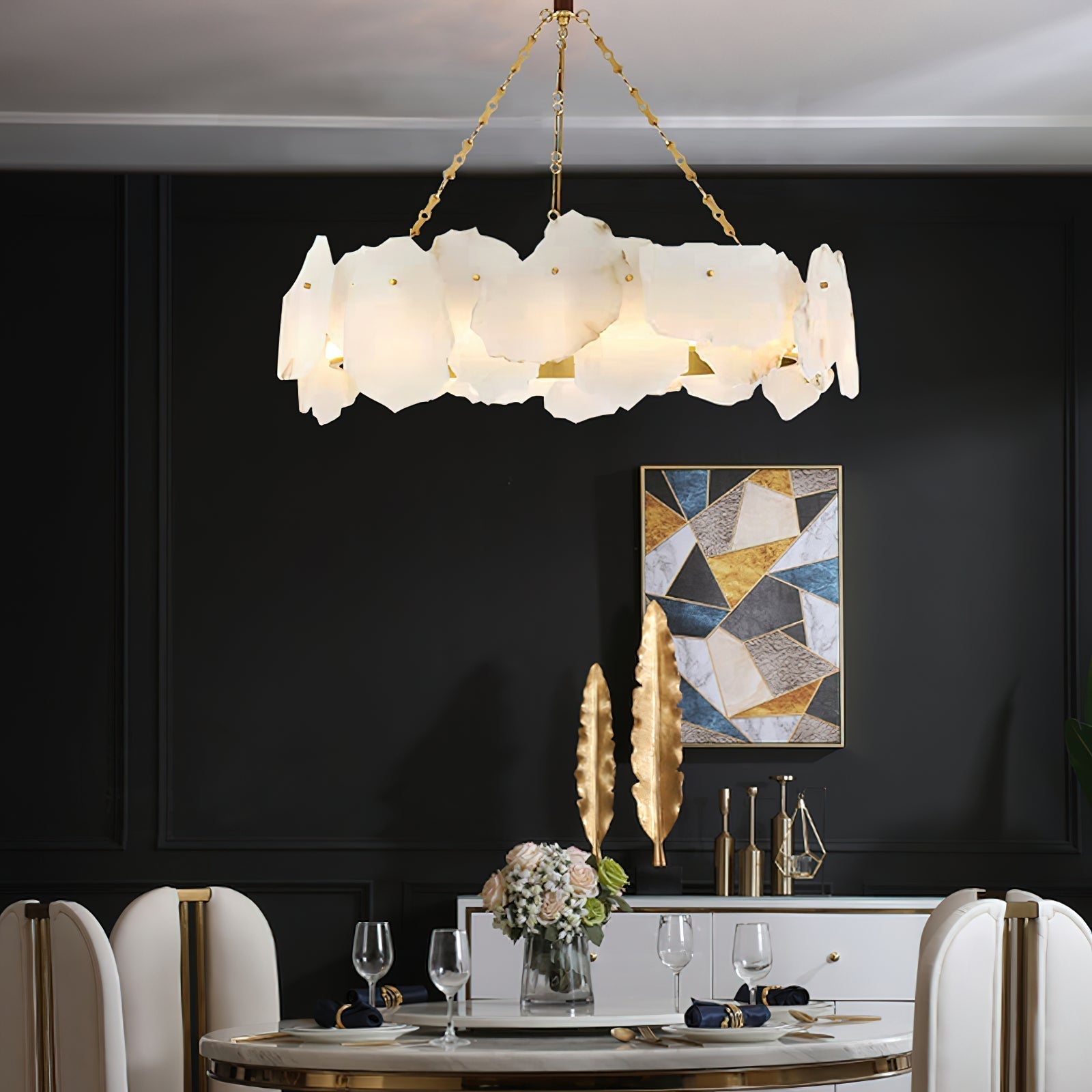 Alora Postmodern Luxury Round Brass Marble Chandelier - Lamp Copper