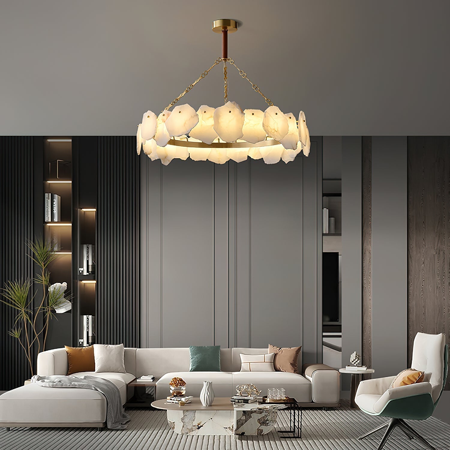 Alora Postmodern Luxury Round Brass Marble Chandelier - Lamp Copper