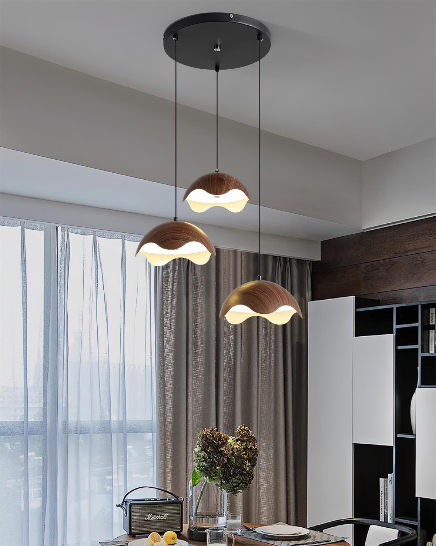 Pendant Lamp Wood-Grain Metal Shade Wave Ambient Minimalist - Letslighting