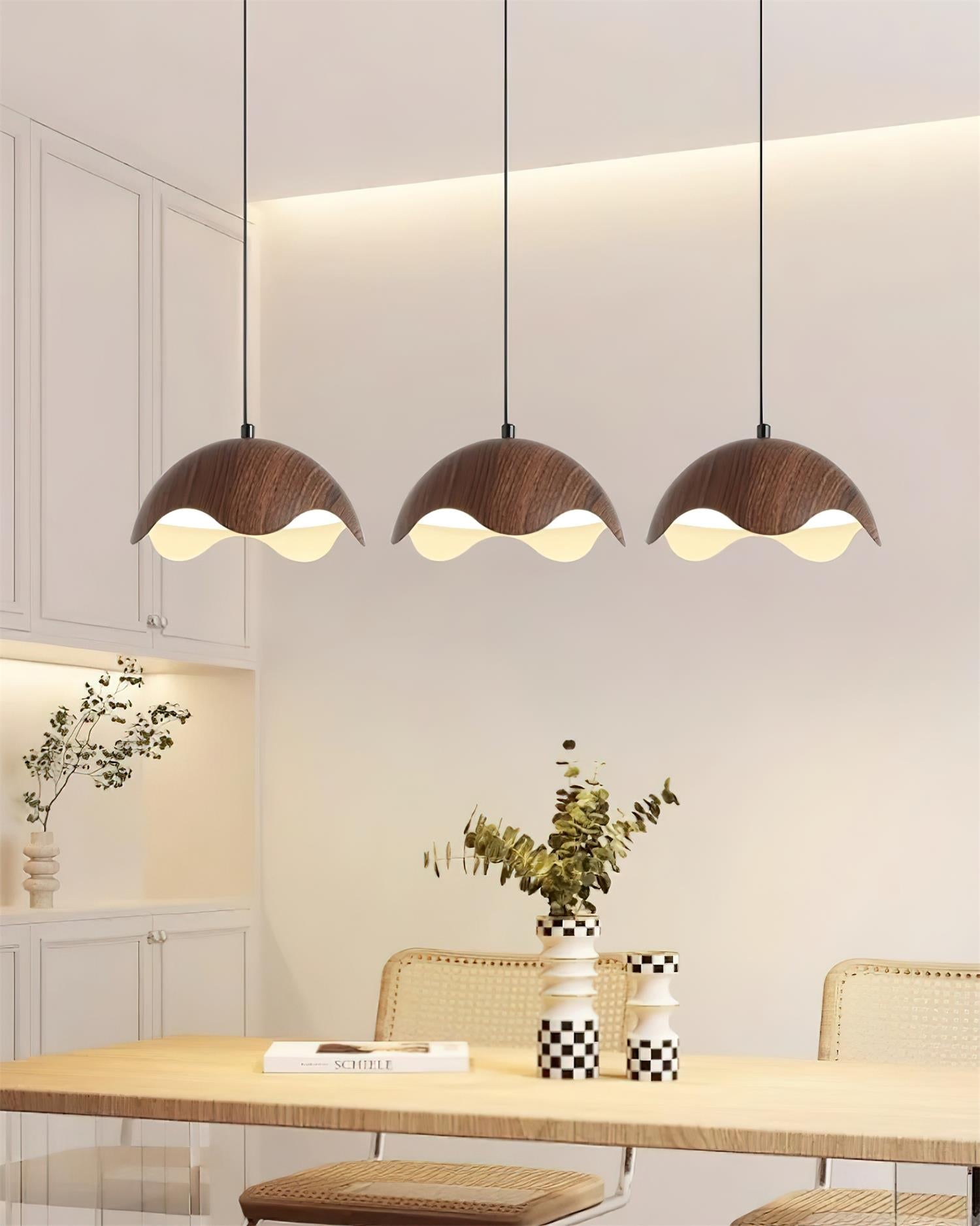 Pendant Lamp Wood-Grain Metal Shade Wave Ambient Minimalist - Letslighting