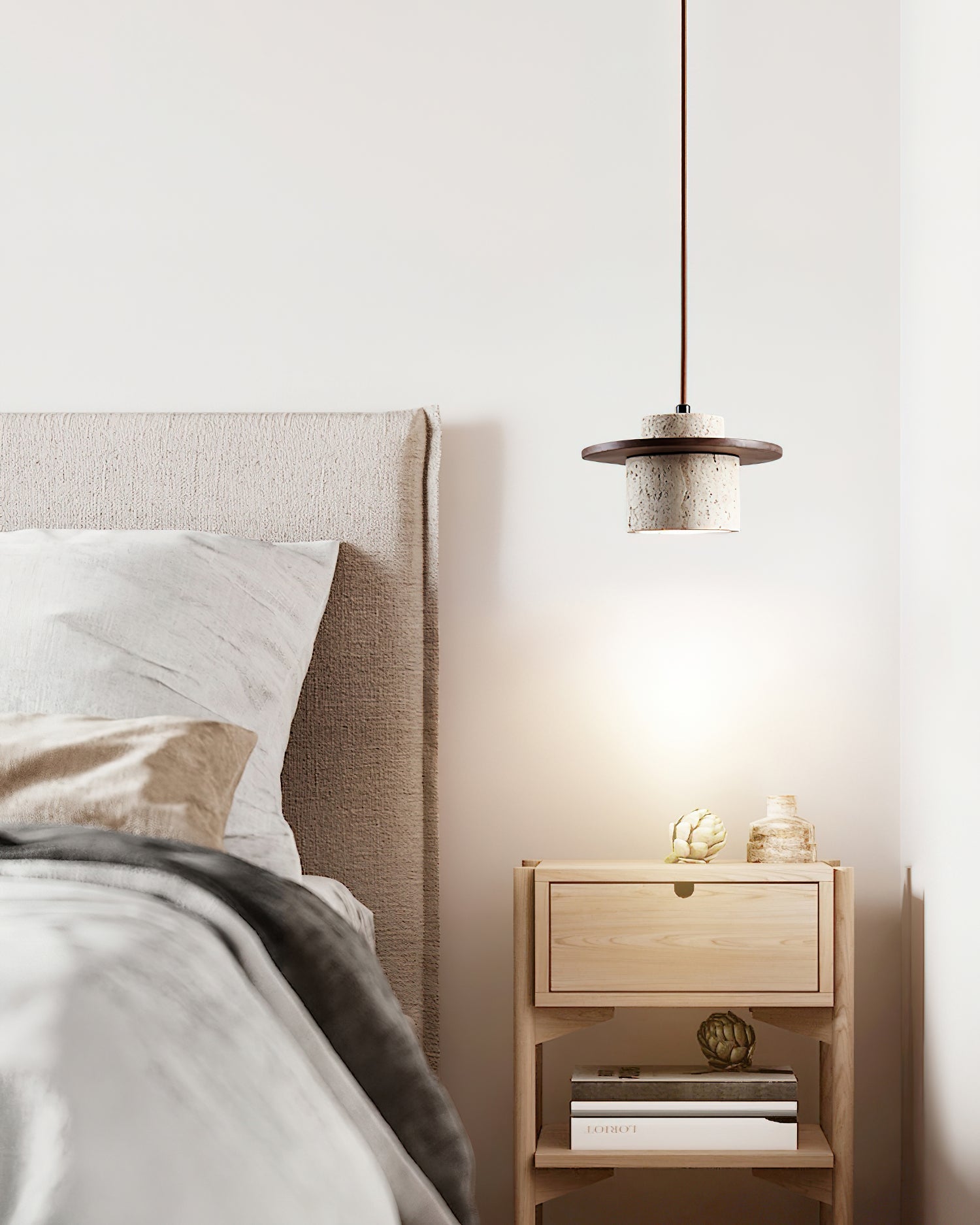 Ritta Pendant Light Travertine Cylinder Disc Wood - Letslighting