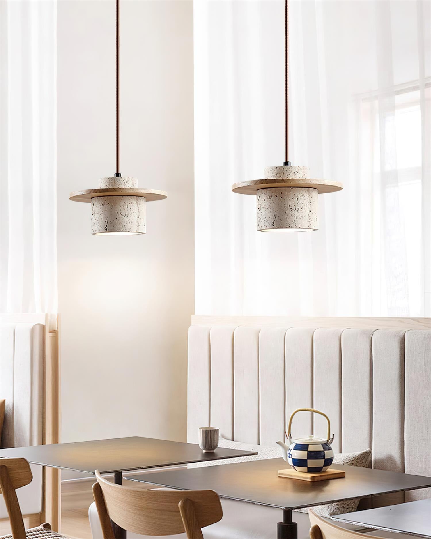 Ritta Pendant Light Travertine Cylinder Disc Wood - Letslighting