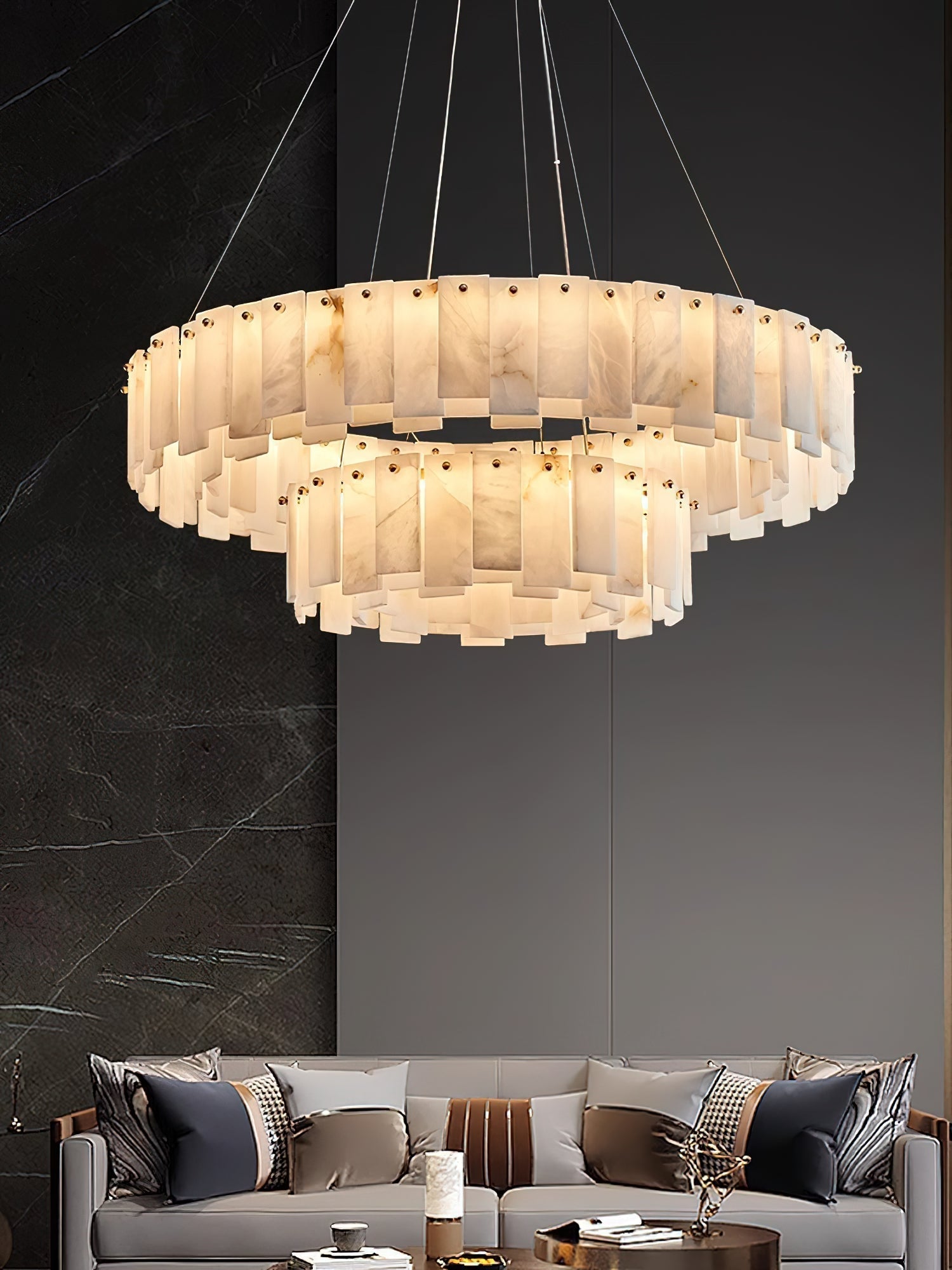 Aero Postmodern Luxury Round Brass Alabaster Chandelier - Lamp Copper