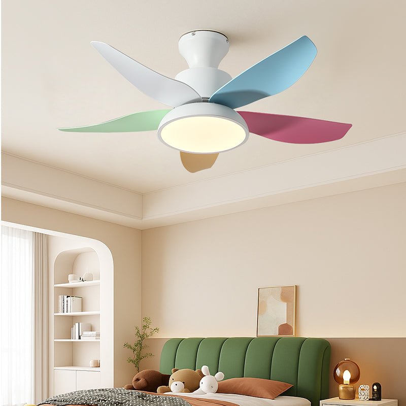 Primer plano de las aspas coloridas del ventilador y la pantalla acrílica del Ventilador de Techo Milo