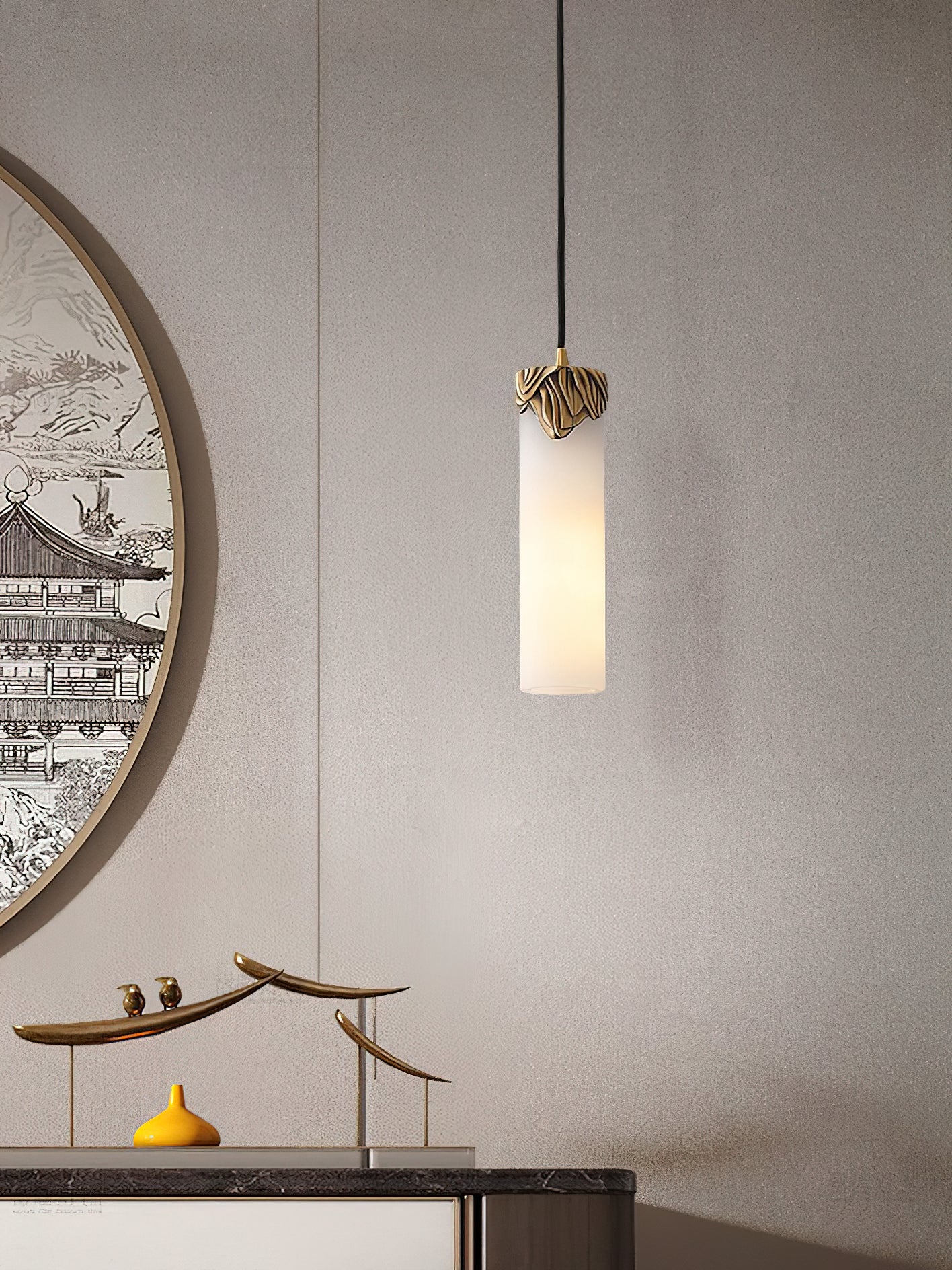 Quiver Modern Minimalist Brass Alabaster Pendant Light - Lamp Copper