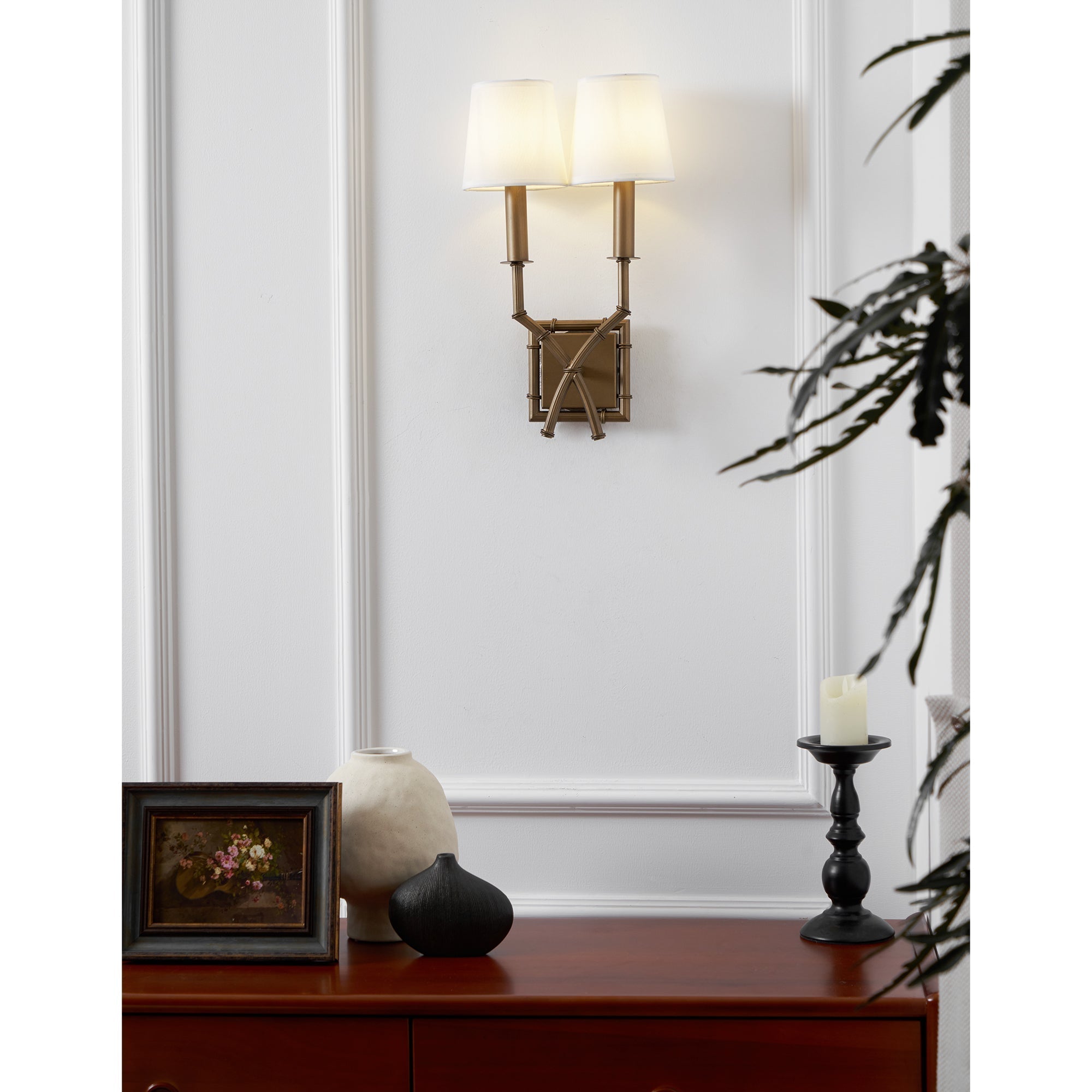 Yelp Vintage Industrial Double Arm Bamboo Fabric Sconce Wall Lamp - Lamp Copper
