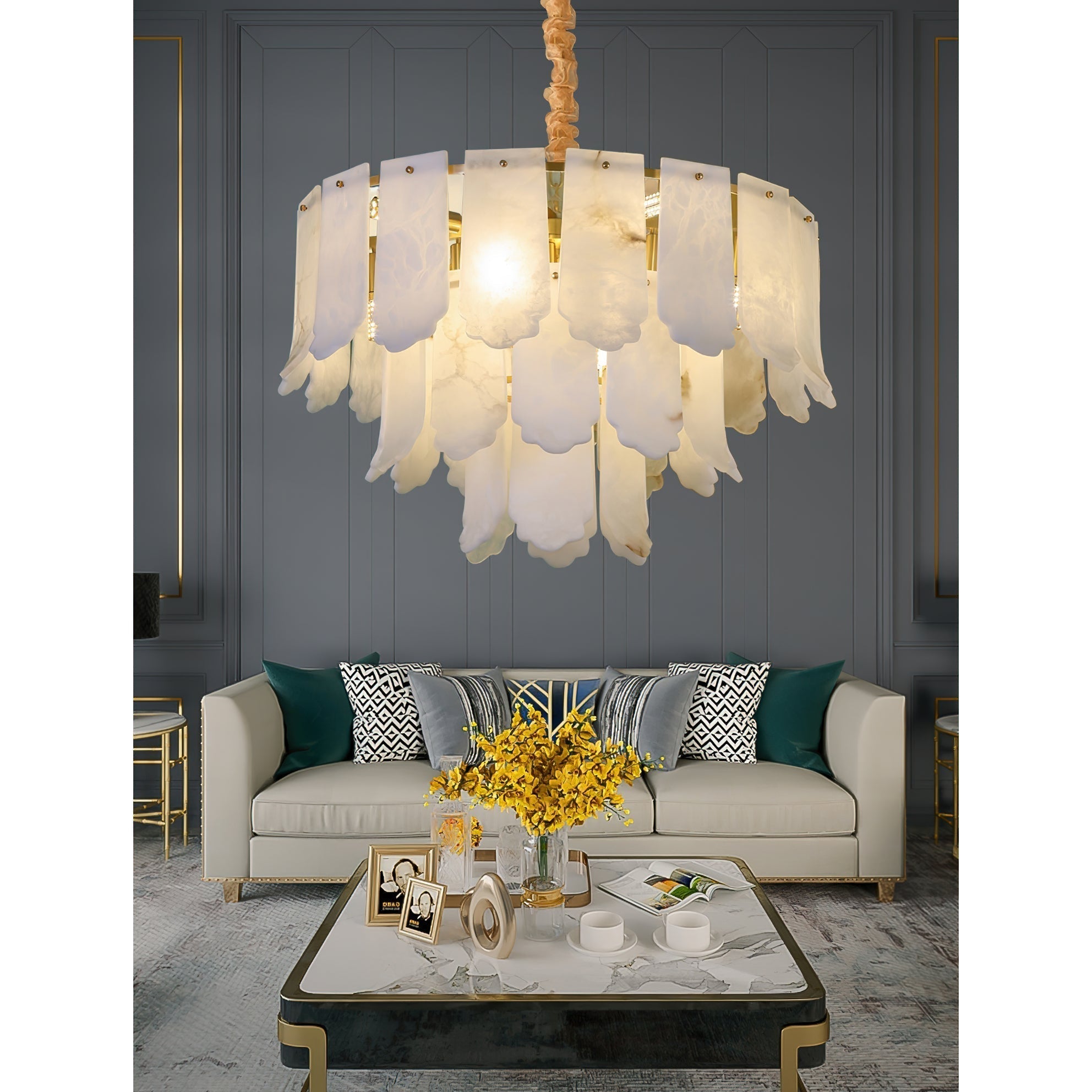 Hue Postmodern Luxury Brass Alabaster Chandelier - Lamp Copper