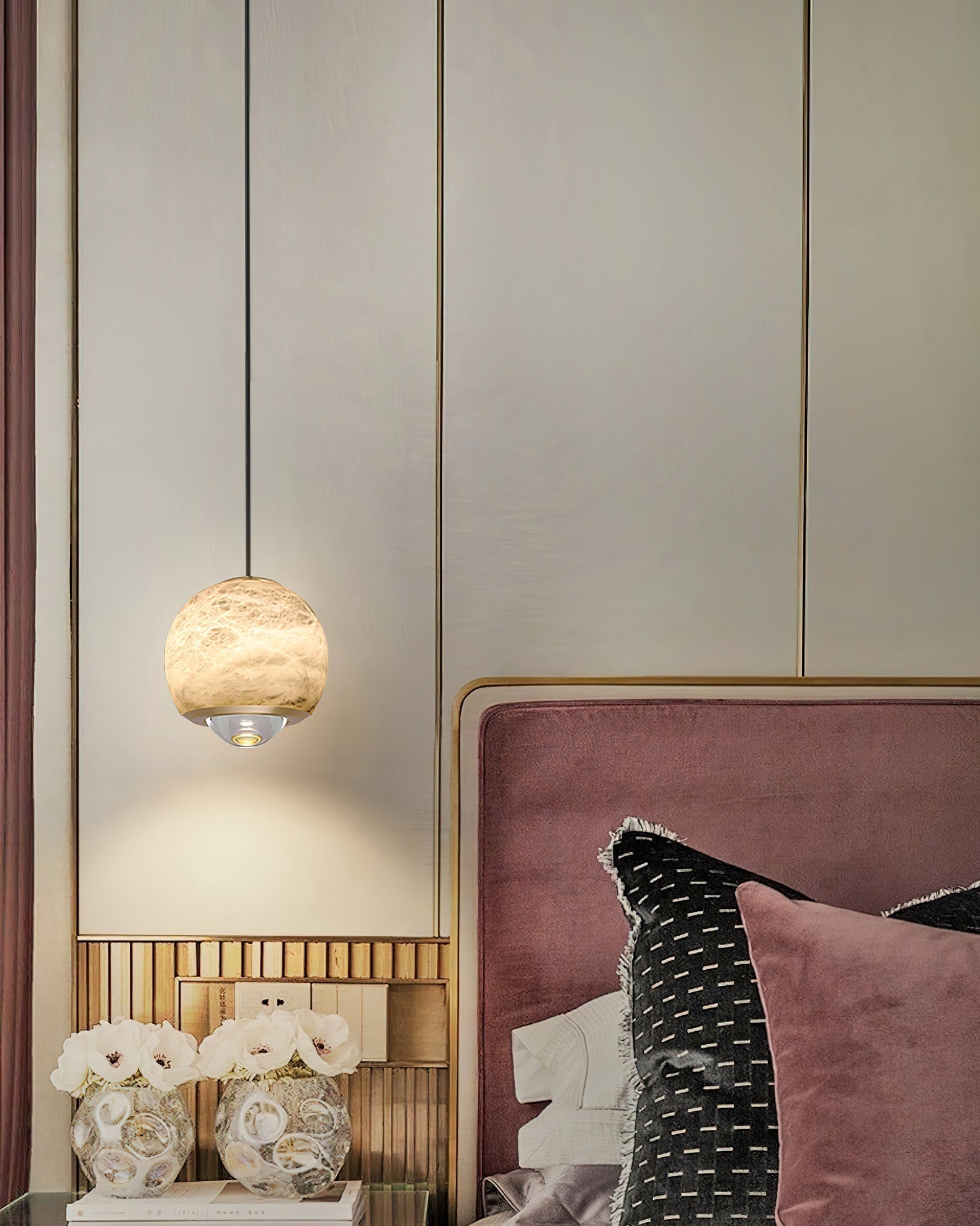 Zephaan Modern Minimalist Brass Alabaster Pendant Light - Lamp Copper