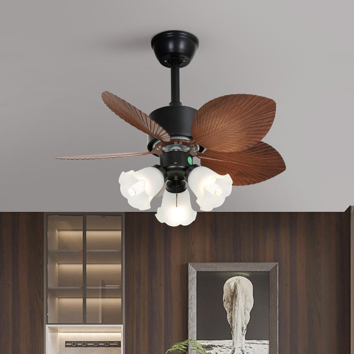 Ventilador de Techo con Luz Florence Vintage de Madera en un ambiente de sala de estar moderno