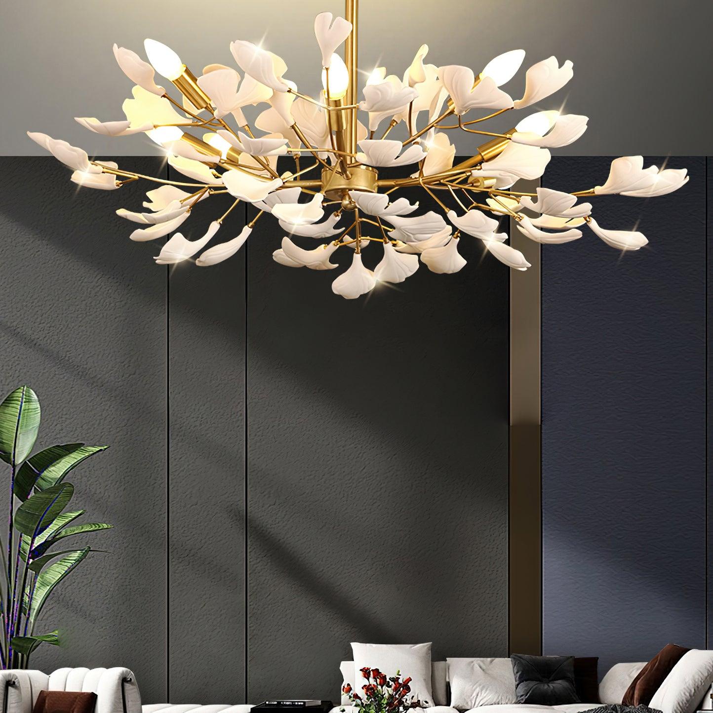 Aurora Chandelier Ginkgo Leaf Brass Ceramic - Letslighting