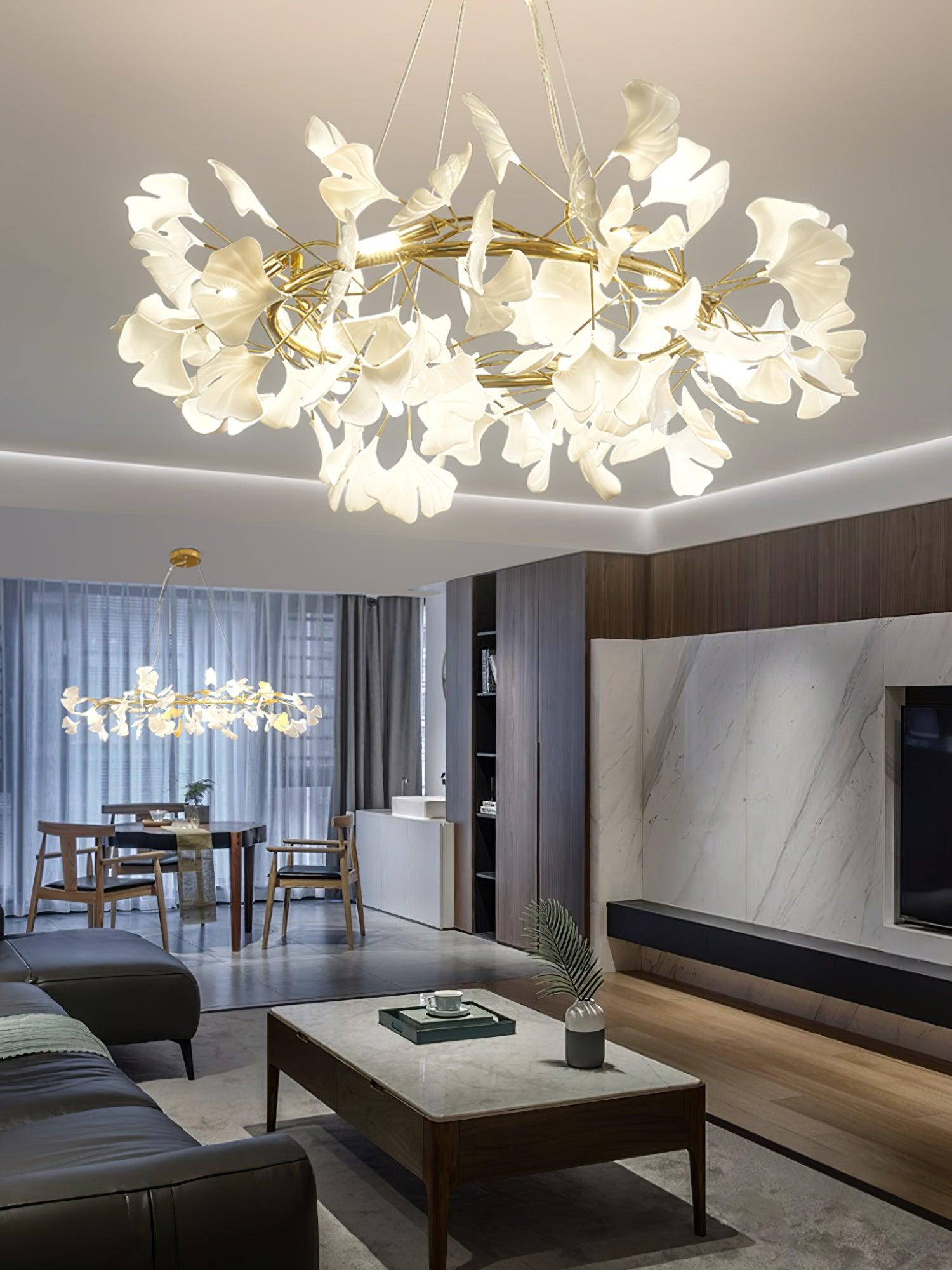 Chandelier Metal Frame Ceramic Gingko White Gold Shade Modern Art - Letslighting