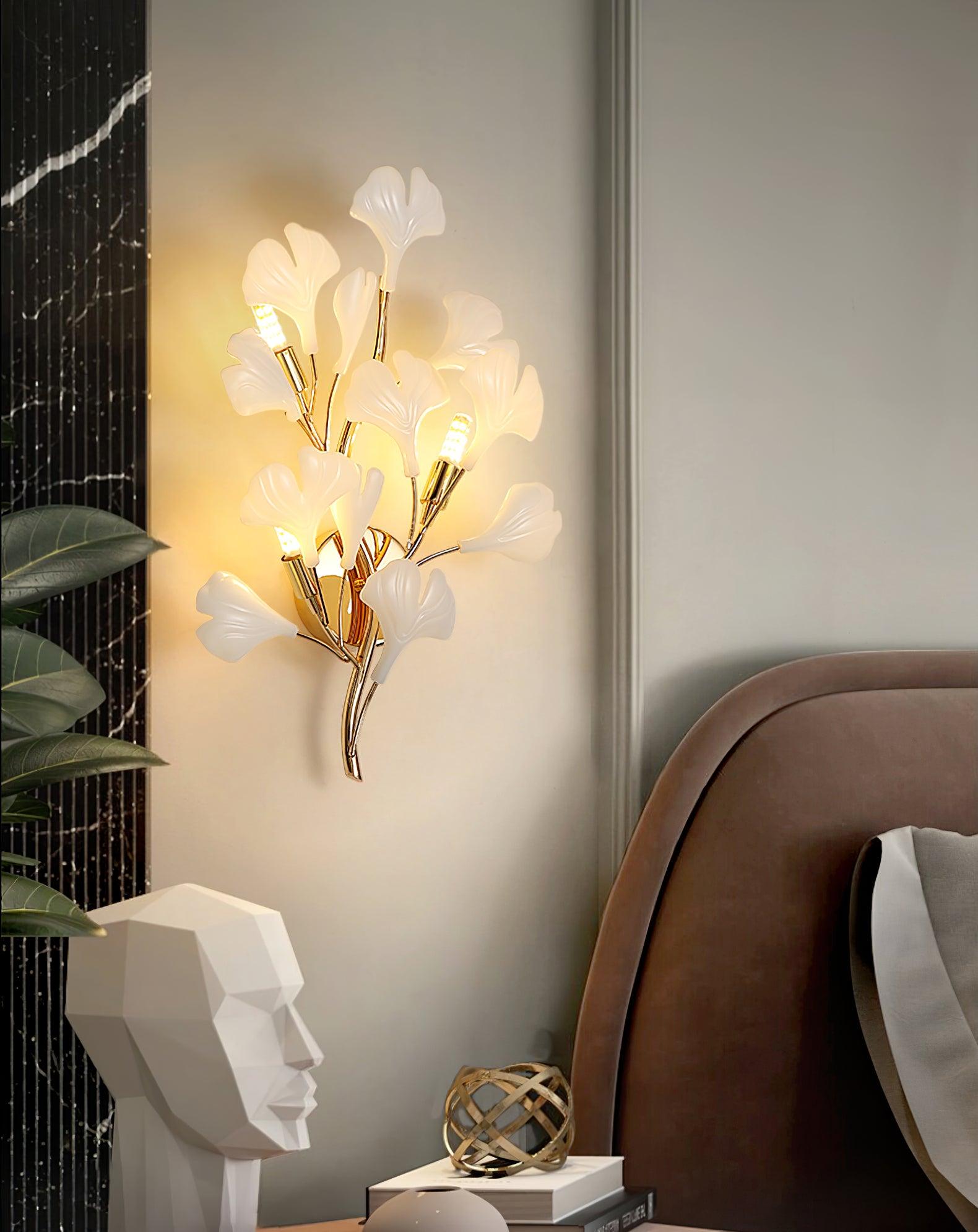 Wall Lamp Gingko Ceramic Petal Shades Gold Art Nouveau - Letslighting