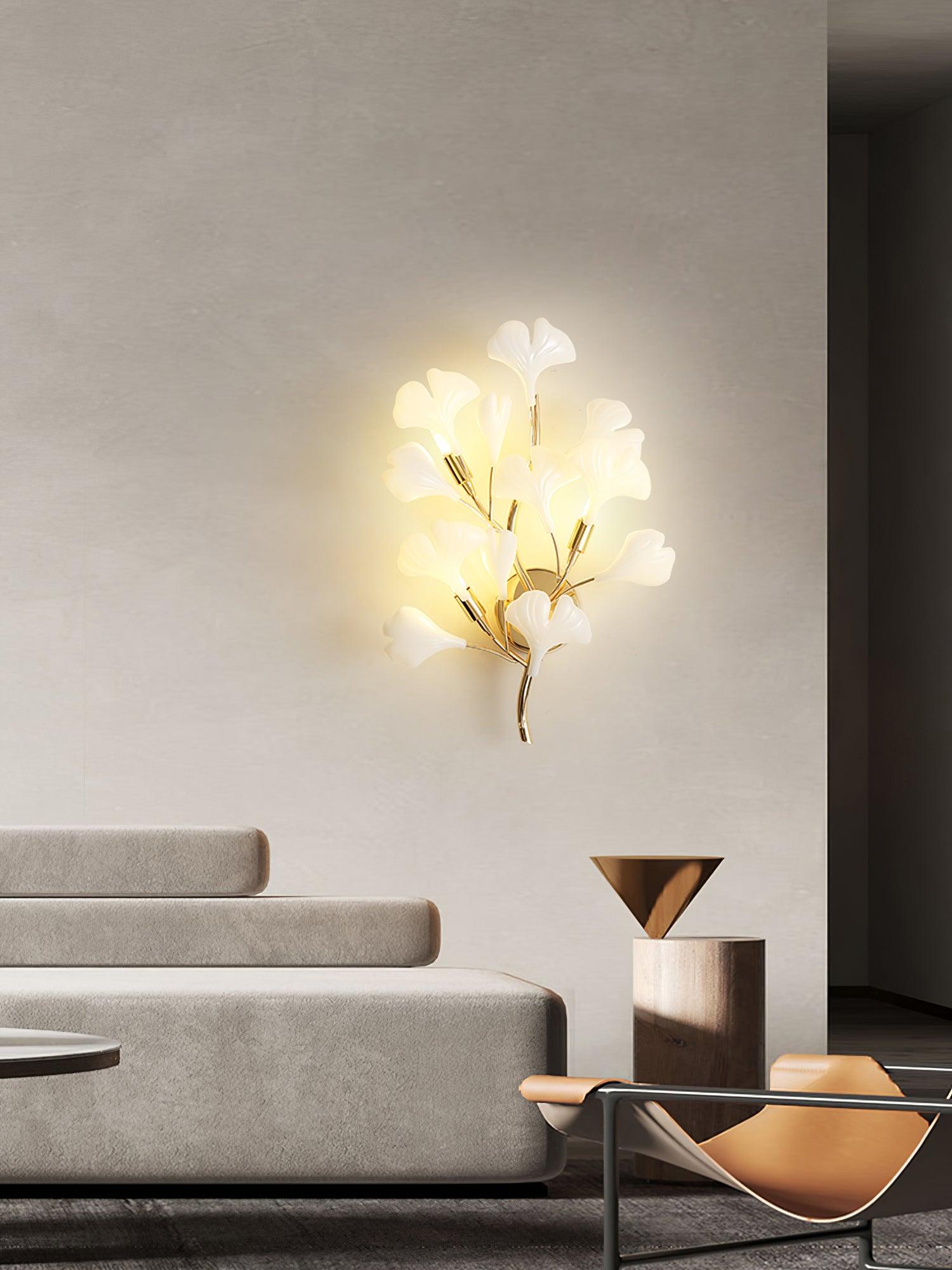 Wall Lamp Gingko Ceramic Petal Shades Gold Art Nouveau - Letslighting