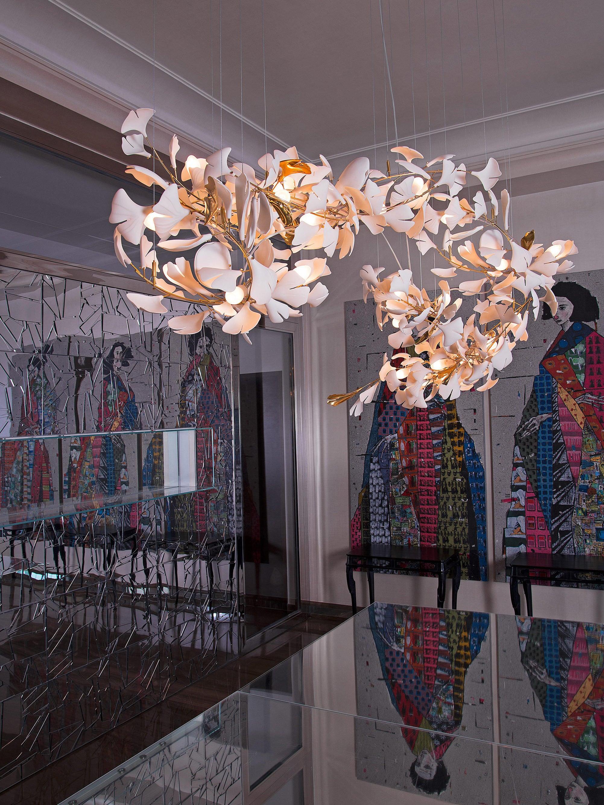 Chandelier Metal Frame Ceramic Gingko Leaf Shade White Gold Modern - Letslighting