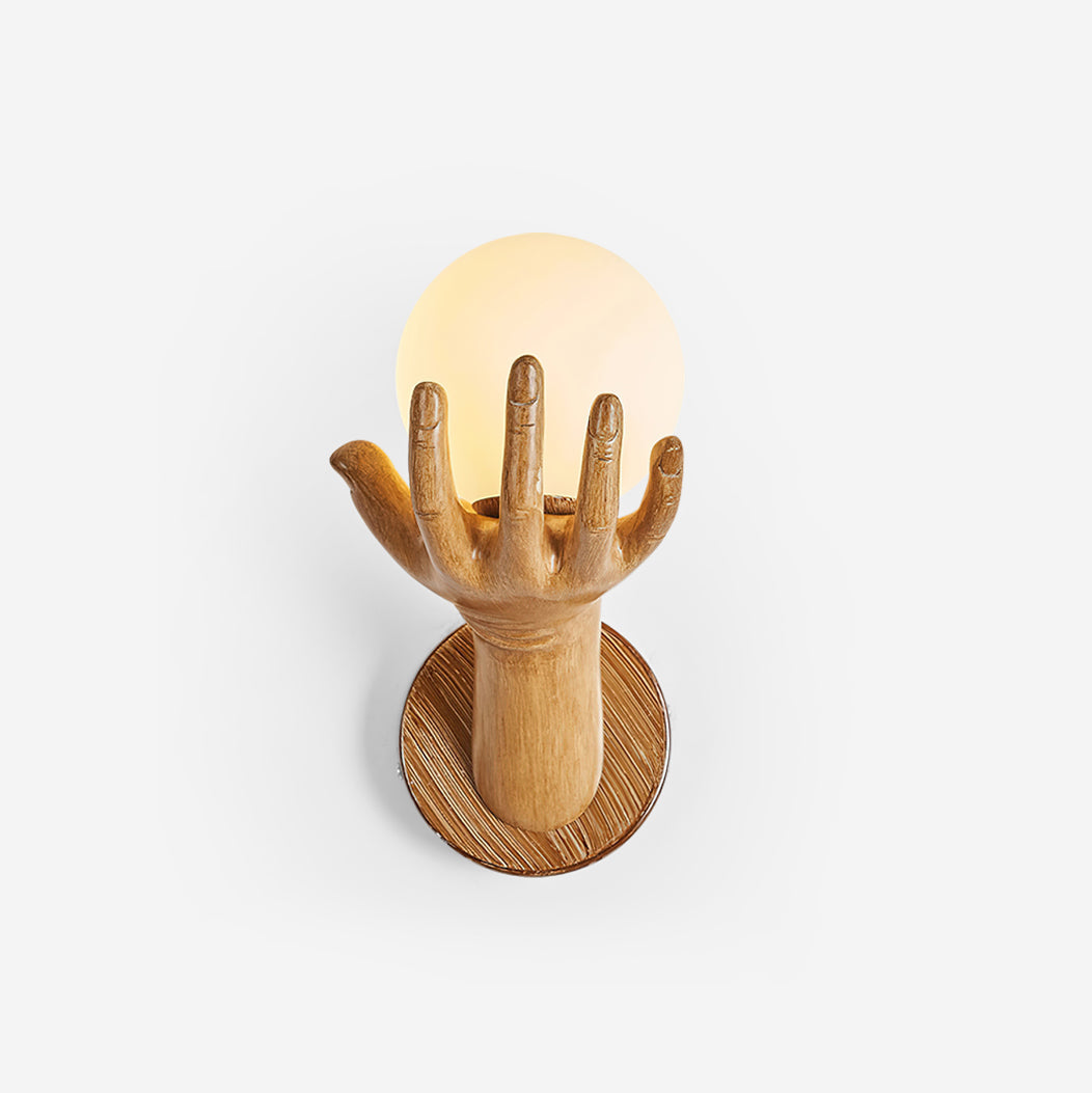 Wall Lamp Polymer Body Hand Shape Globe Shade Wood Grain - Letslighting