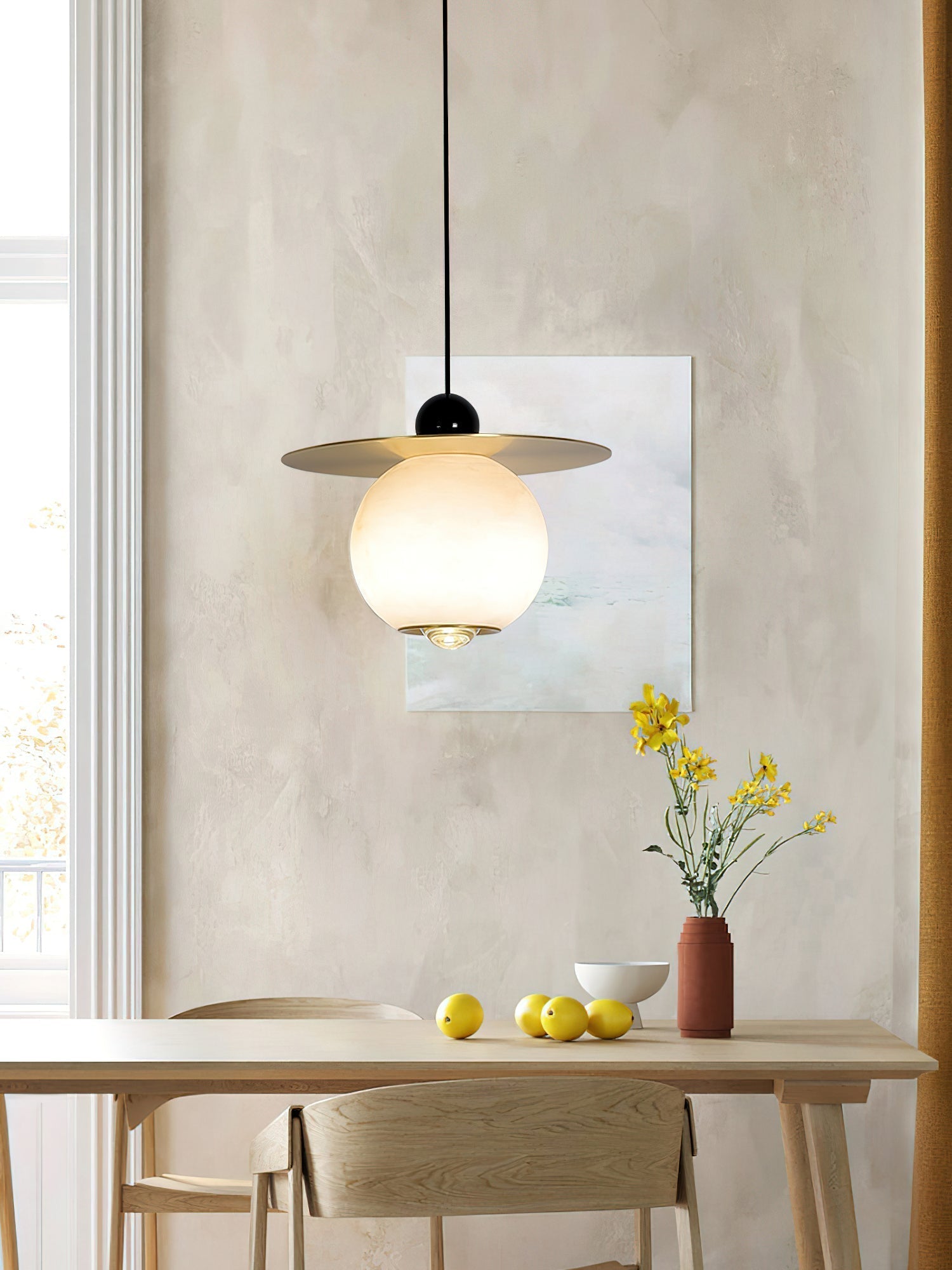 Alvarel Modern Minimalist Cord Brass Alabaster Pendant Light - Lamp Copper