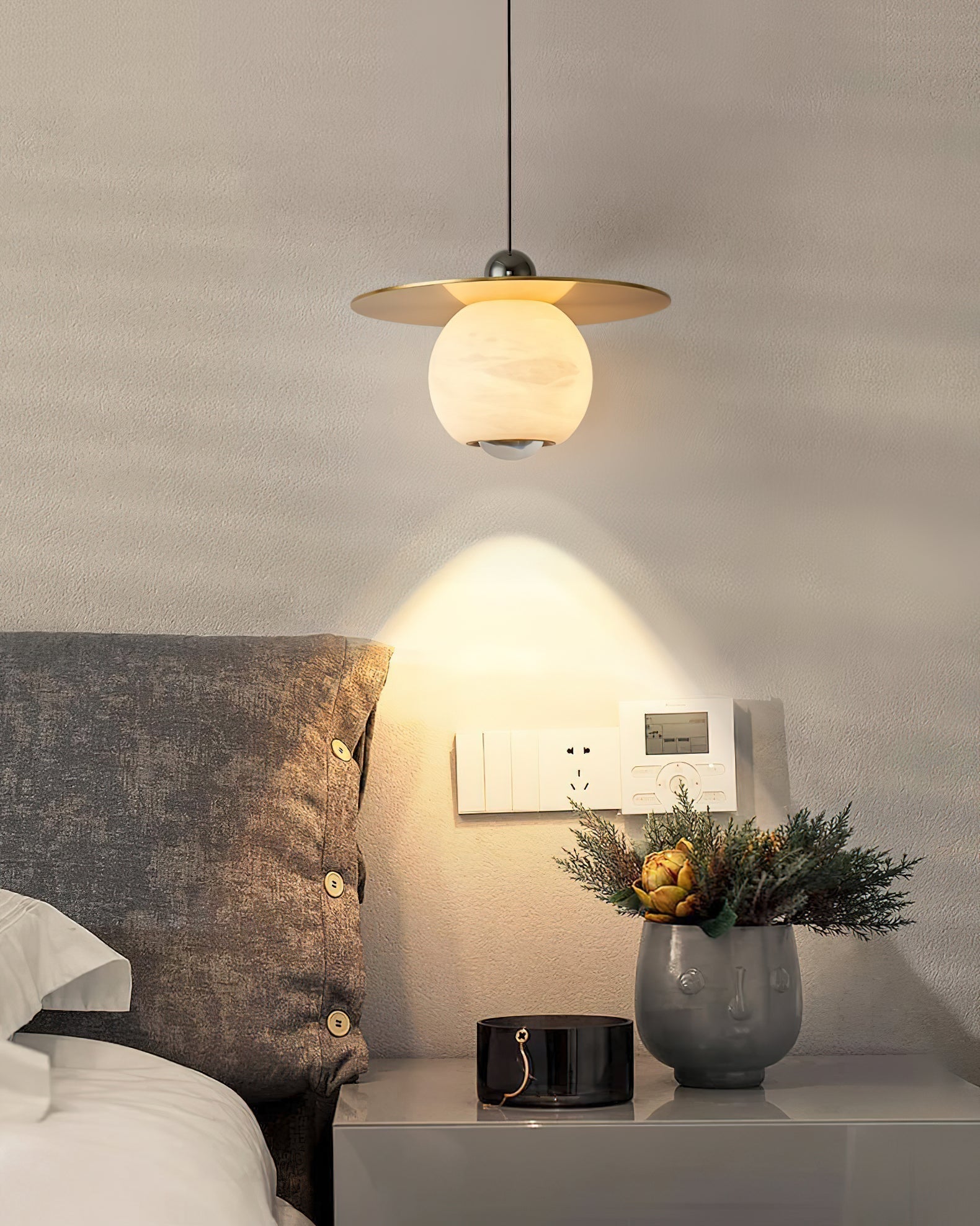 Alvarel Modern Minimalist Cord Brass Alabaster Pendant Light - Lamp Copper