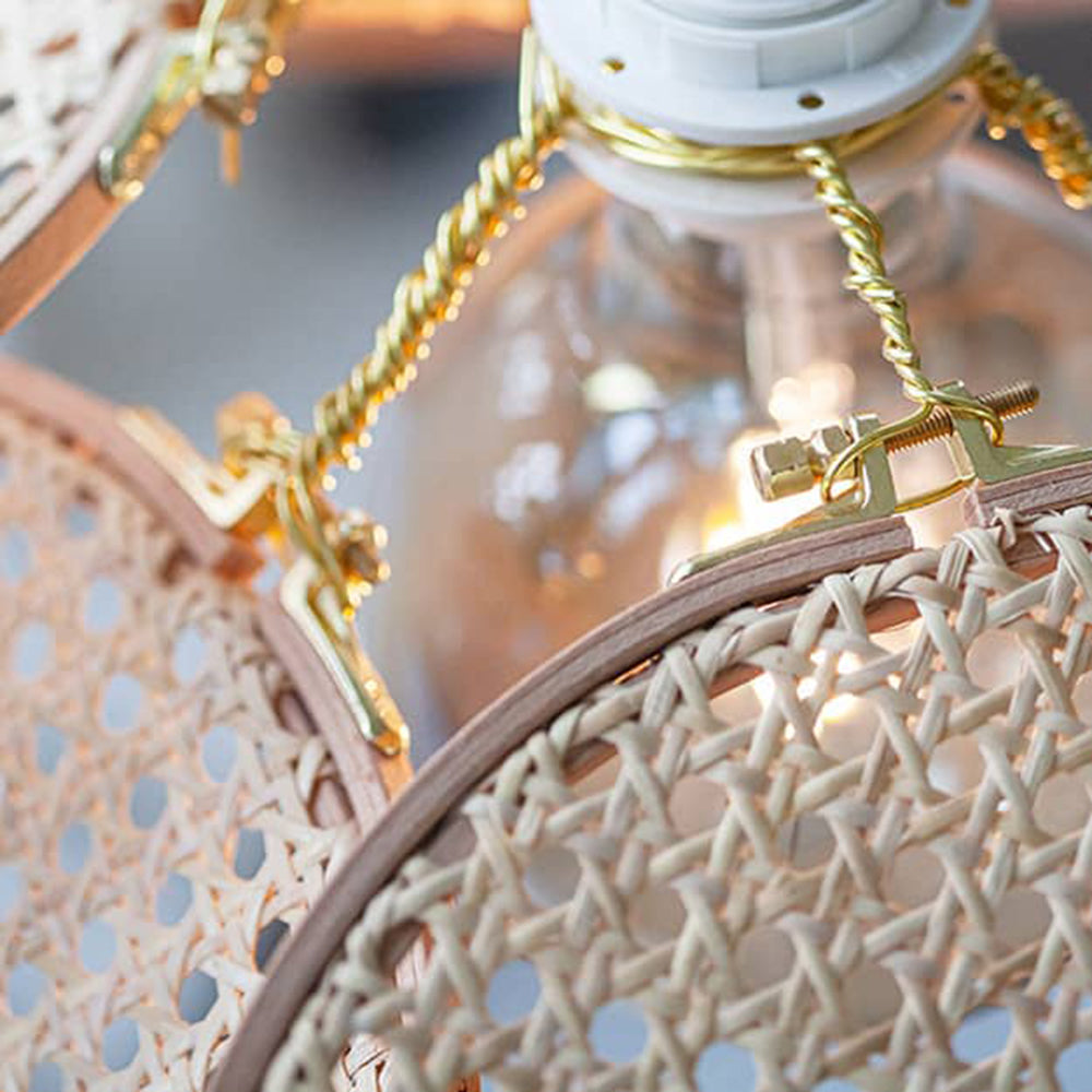 Ritta Decorativa Metal/Ratán Flor LED Lámpara Colgante Madera
