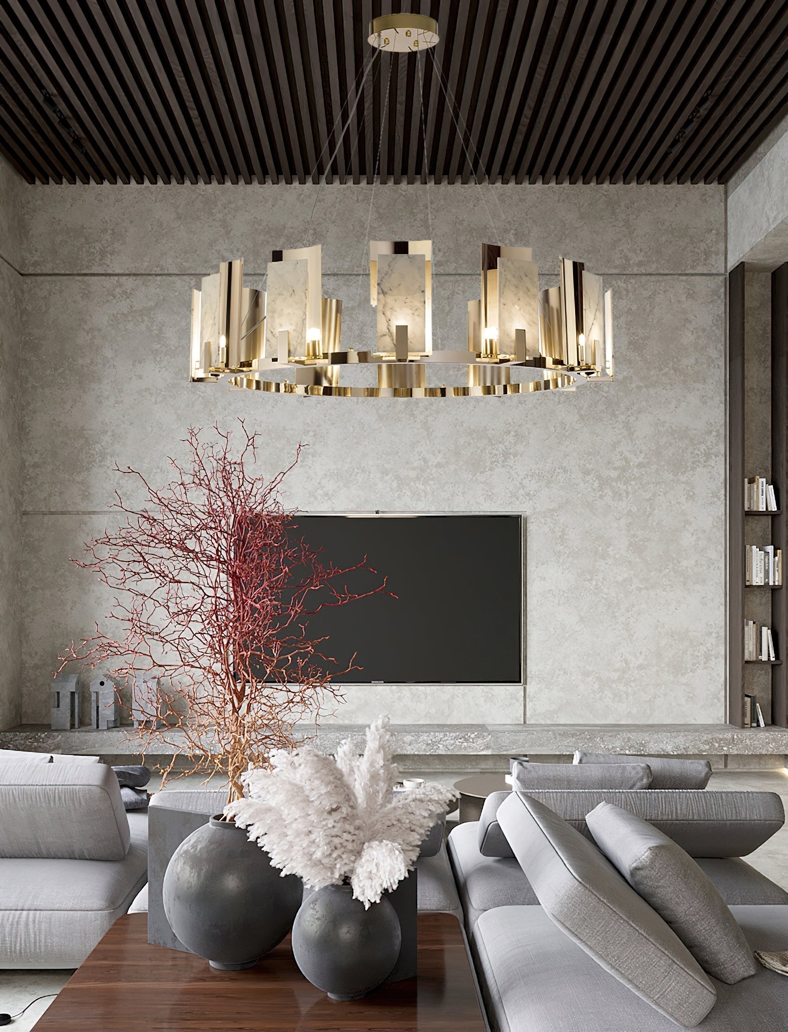 Nyraeila Postmodern Luxury Metal Alabaster Round Chandelier - Lamp Copper