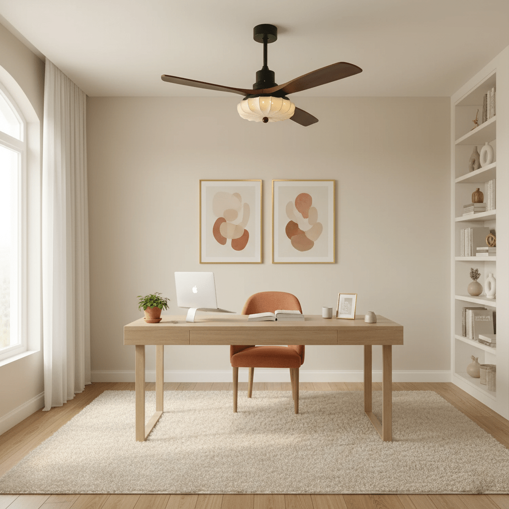 Ventilador de Techo con Luz Jasper Bloom desde abajo, destacando la luz LED