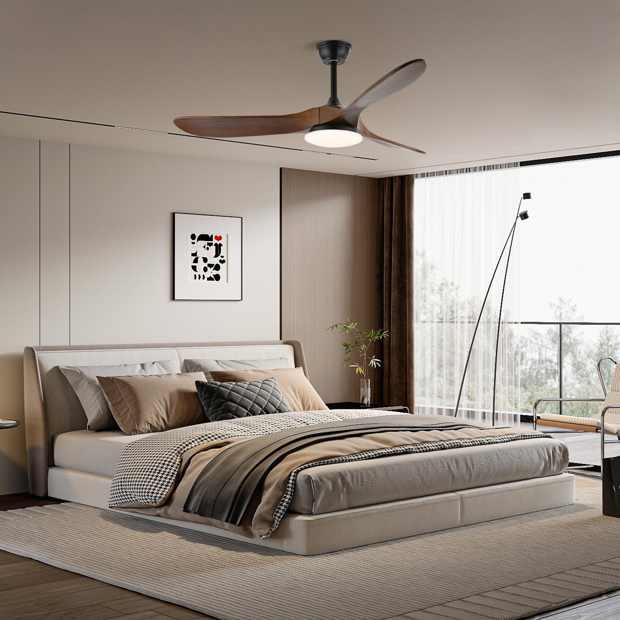 Ventilador de Techo Oriken con luz mostrando dimensiones (Diámetro 106cm)
