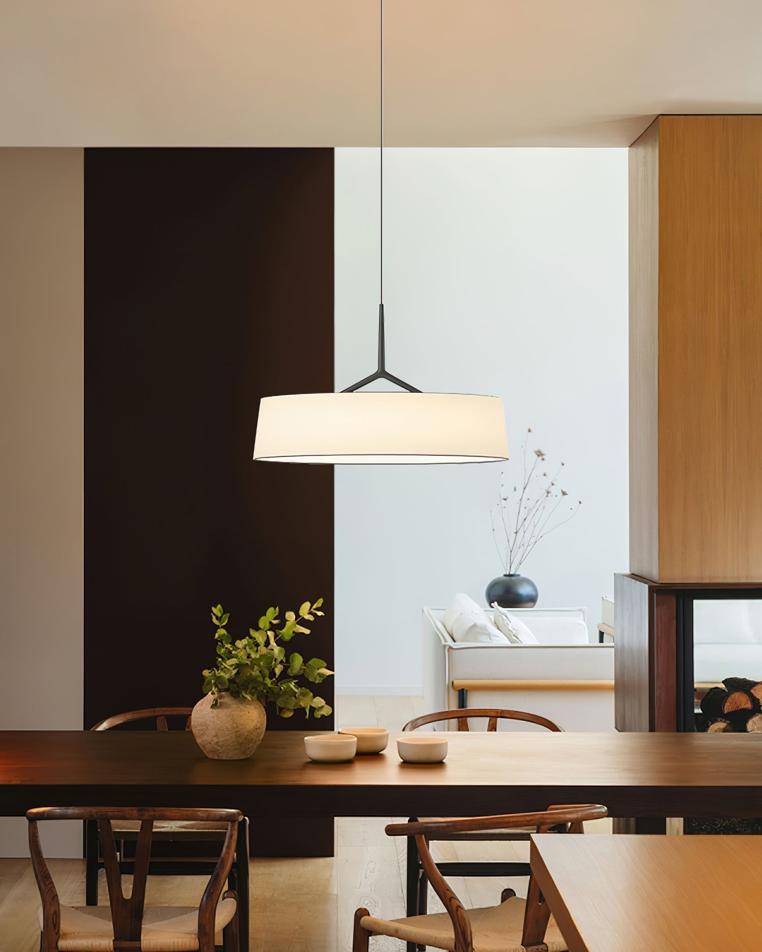 Pendant Light White Fabric Drum Black - Letslighting