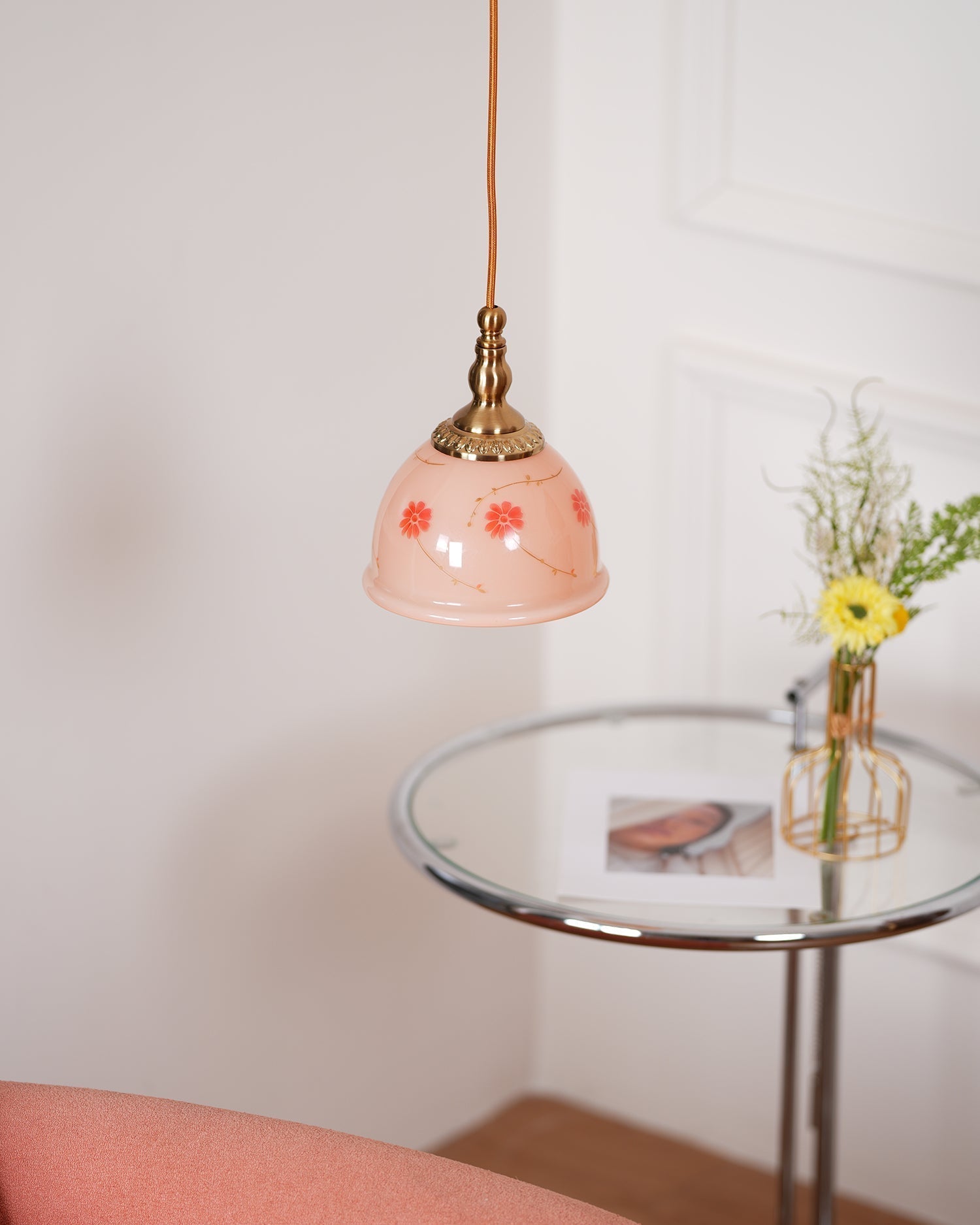 Pendant Lamp Brass and Glass Floral Pattern Dome Shade Vintage - Letslighting