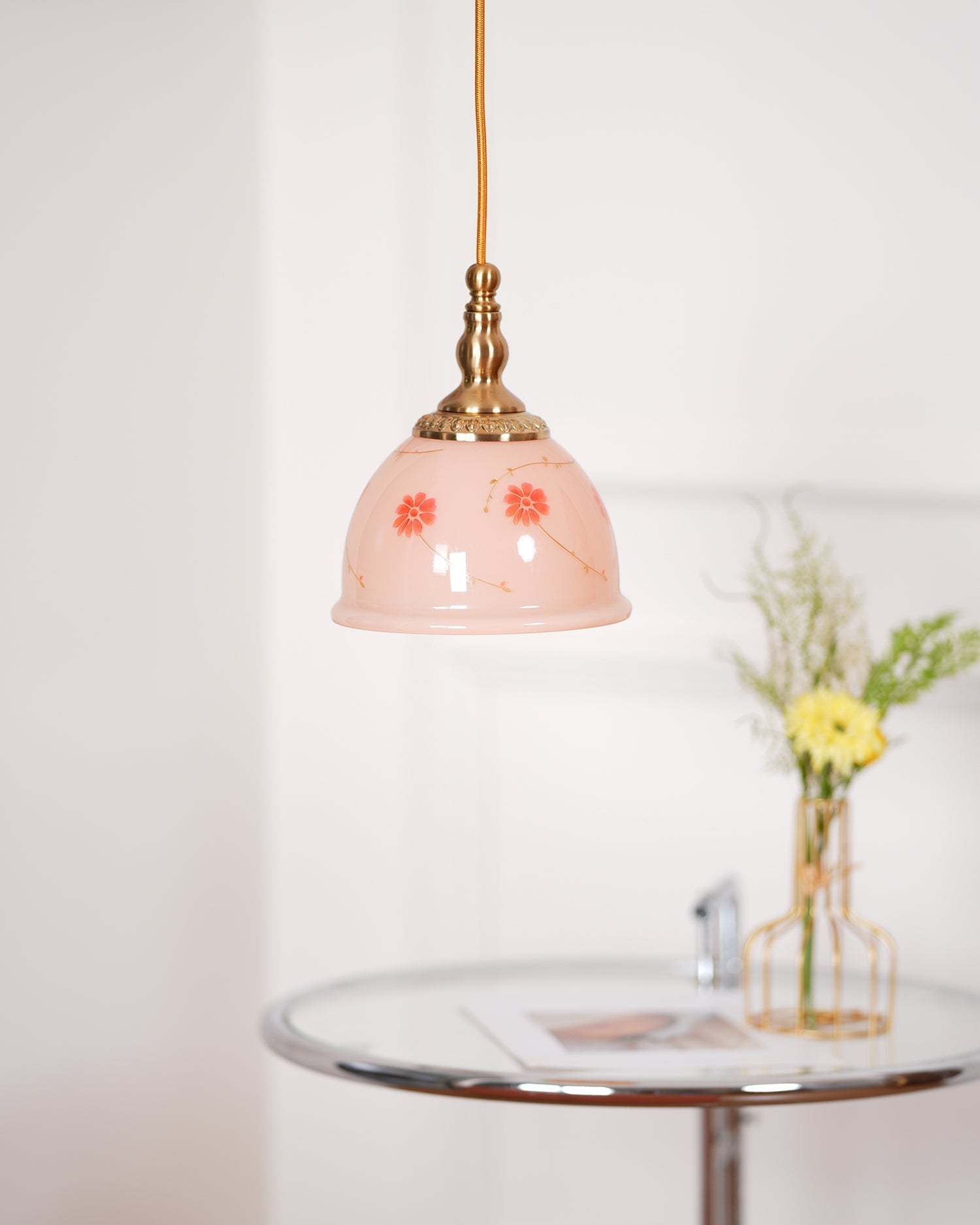 Pendant Lamp Brass and Glass Floral Pattern Dome Shade Vintage - Letslighting