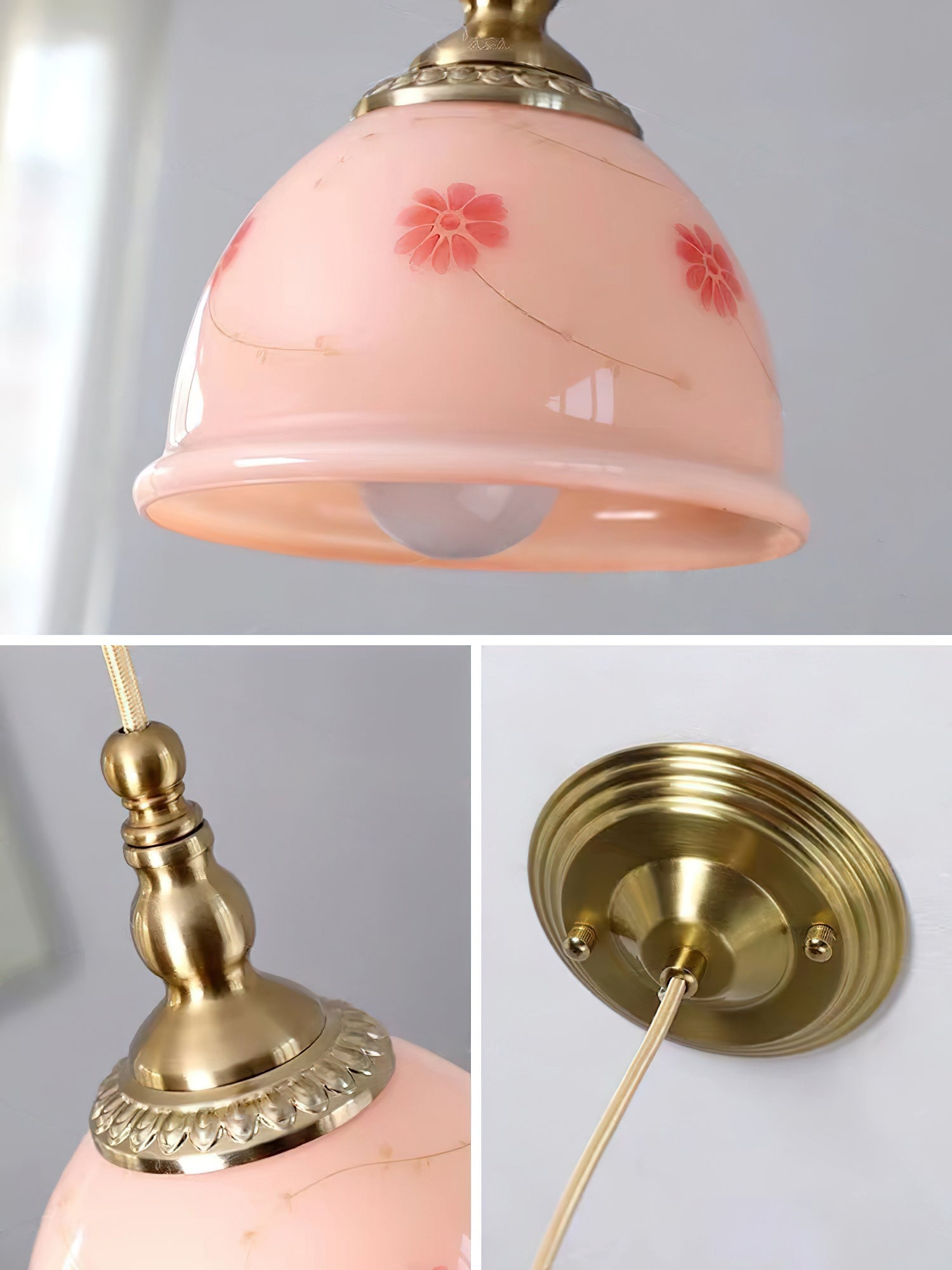 Pendant Lamp Brass and Glass Floral Pattern Dome Shade Vintage - Letslighting