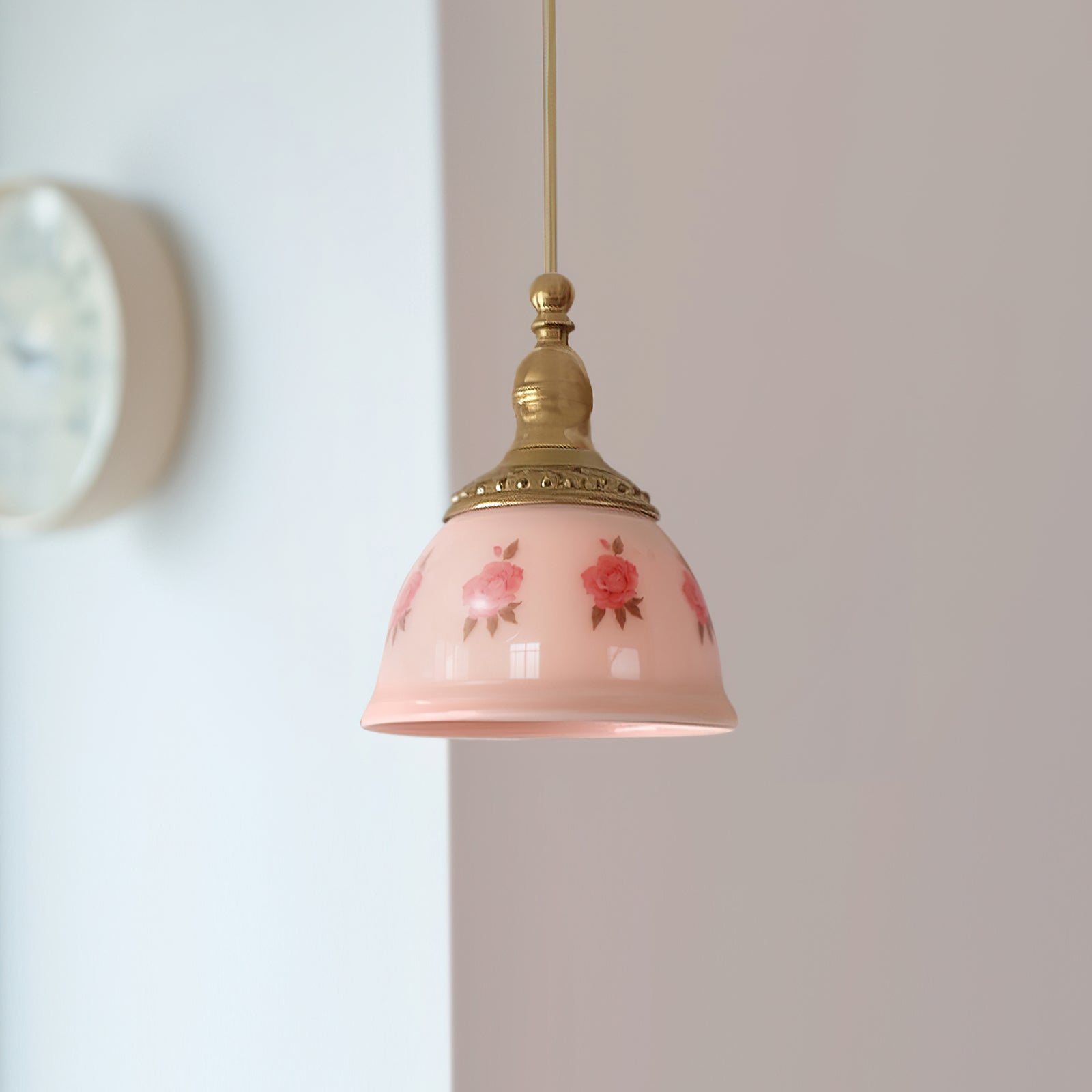 Pendant Lamp Brass and Glass Floral Pattern Dome Shade Vintage - Letslighting