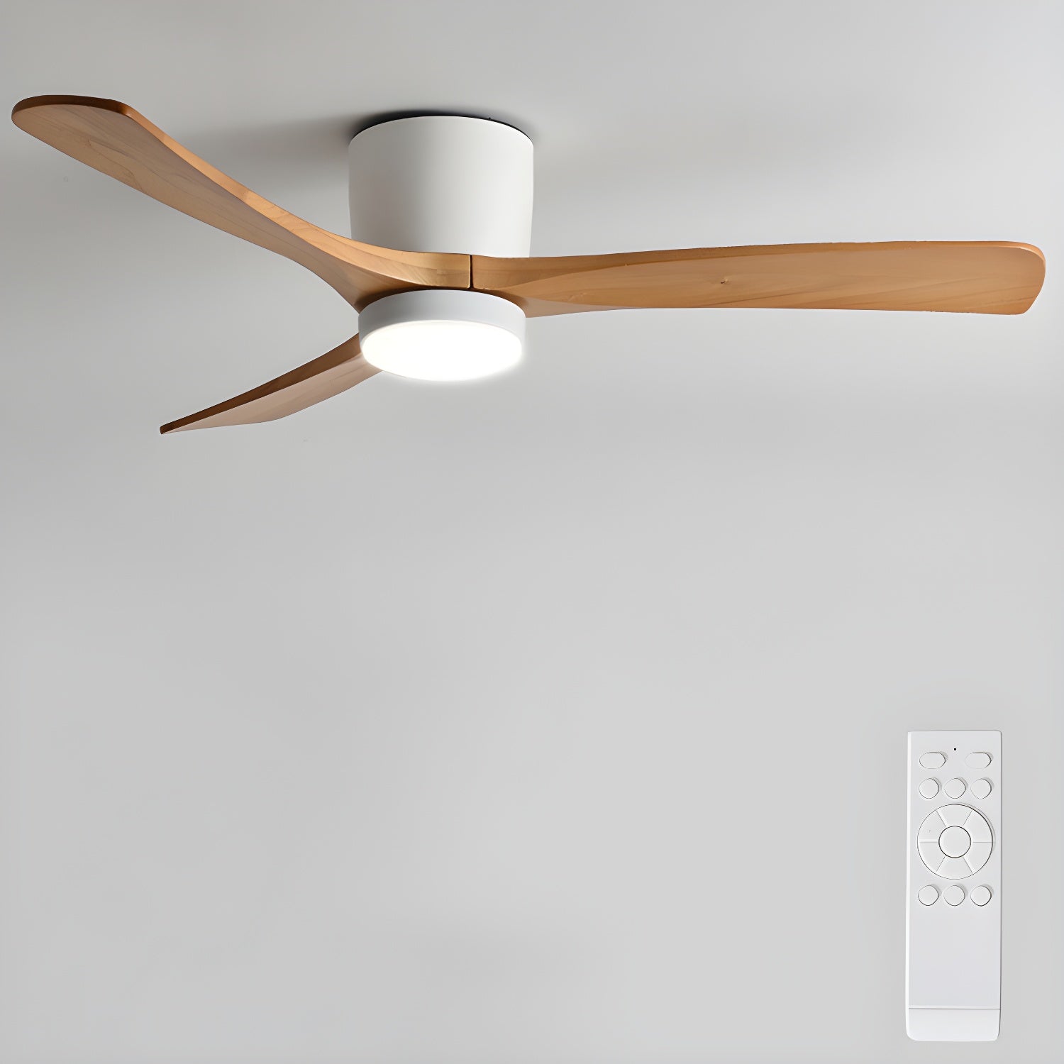 Ventilador de Techo con Luz Ezra Nórdico, primer plano de la luz LED y las aspas de madera