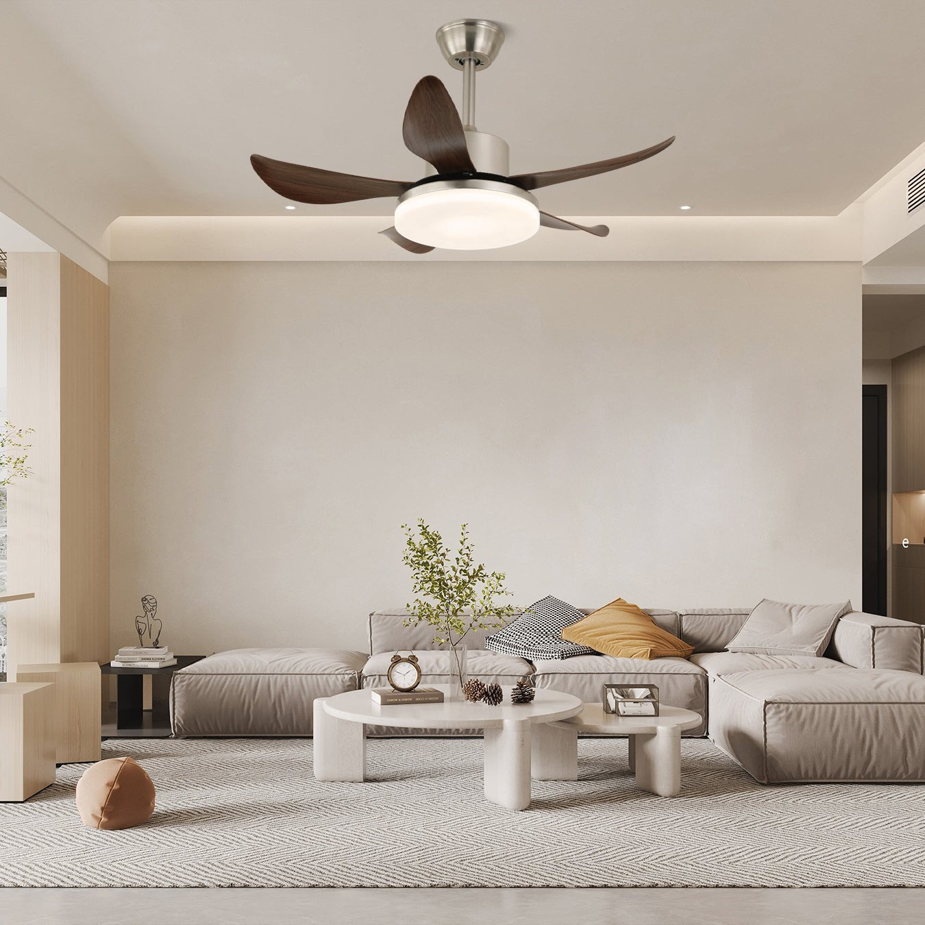 Primer plano del Ventilador de Techo Moderno Nerra mostrando LED integrado y pantalla acrílica