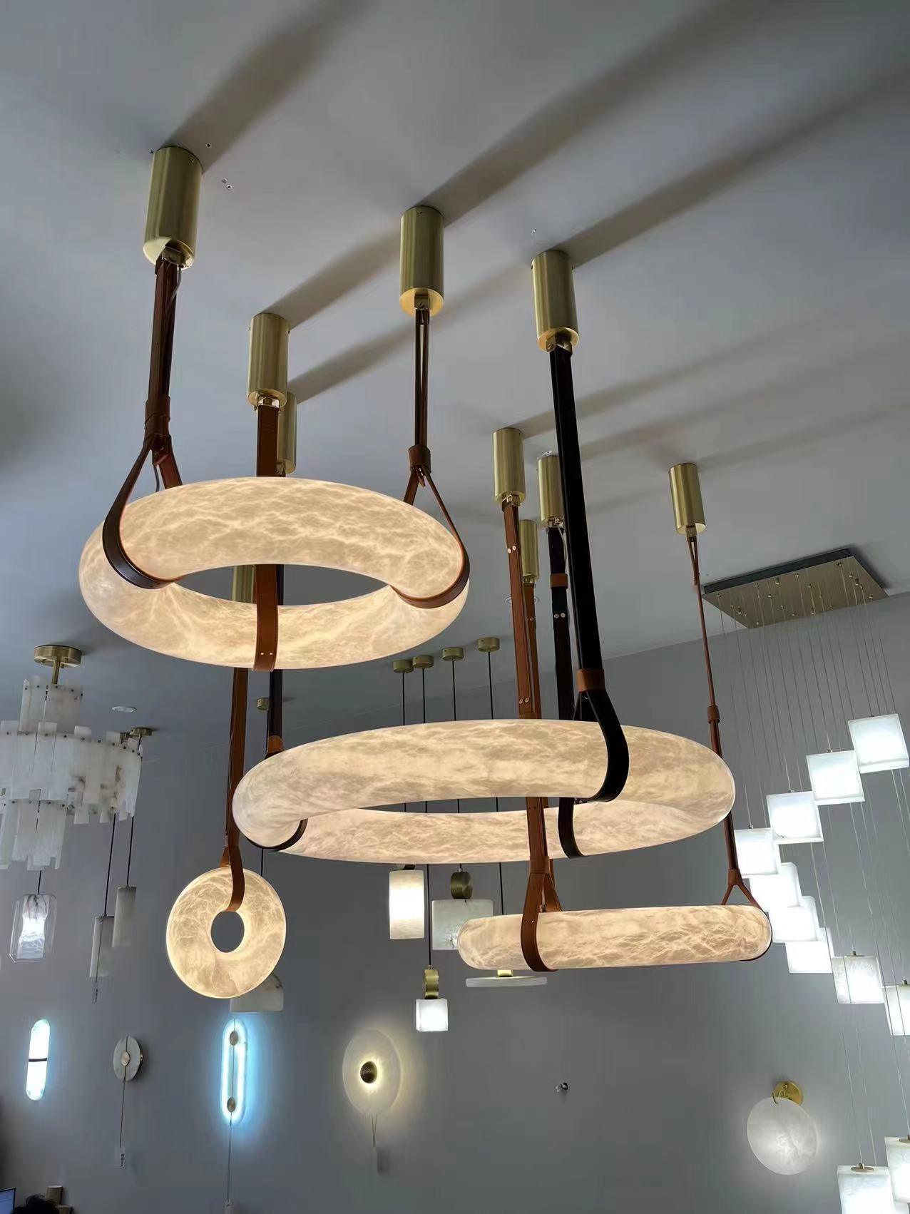 Étoile Pendant Light Chandelier Alabaster Ring Triple Leather - Letslighting