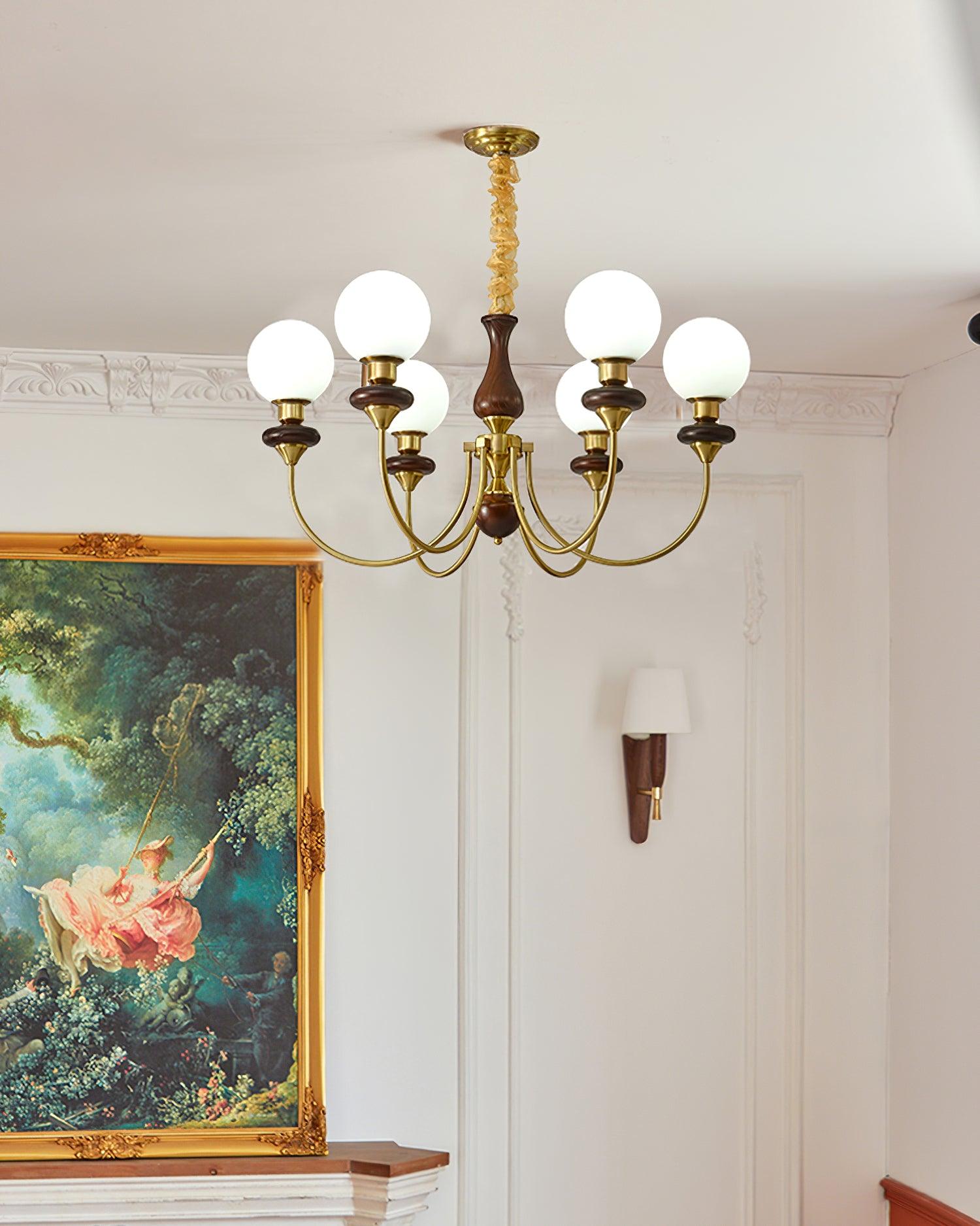 Chandelier Brass Curved Arms Walnut Vintage - Letslighting