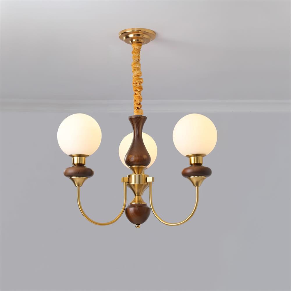 Chandelier Brass Curved Arms Walnut Vintage - Letslighting