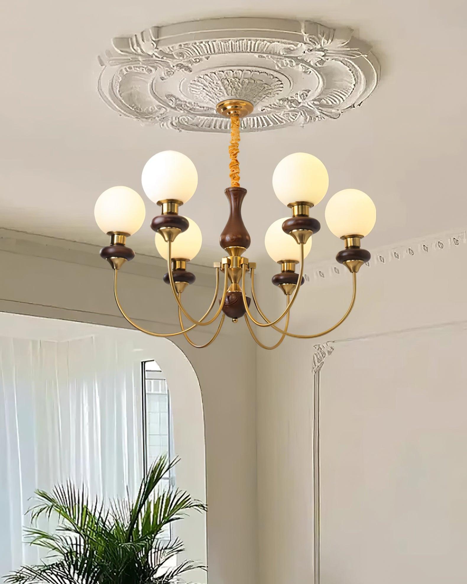 Chandelier Brass Curved Arms Walnut Vintage - Letslighting