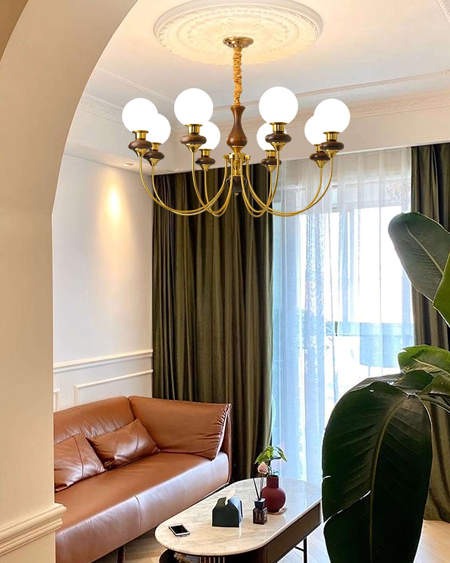 Chandelier Brass Curved Arms Walnut Vintage - Letslighting