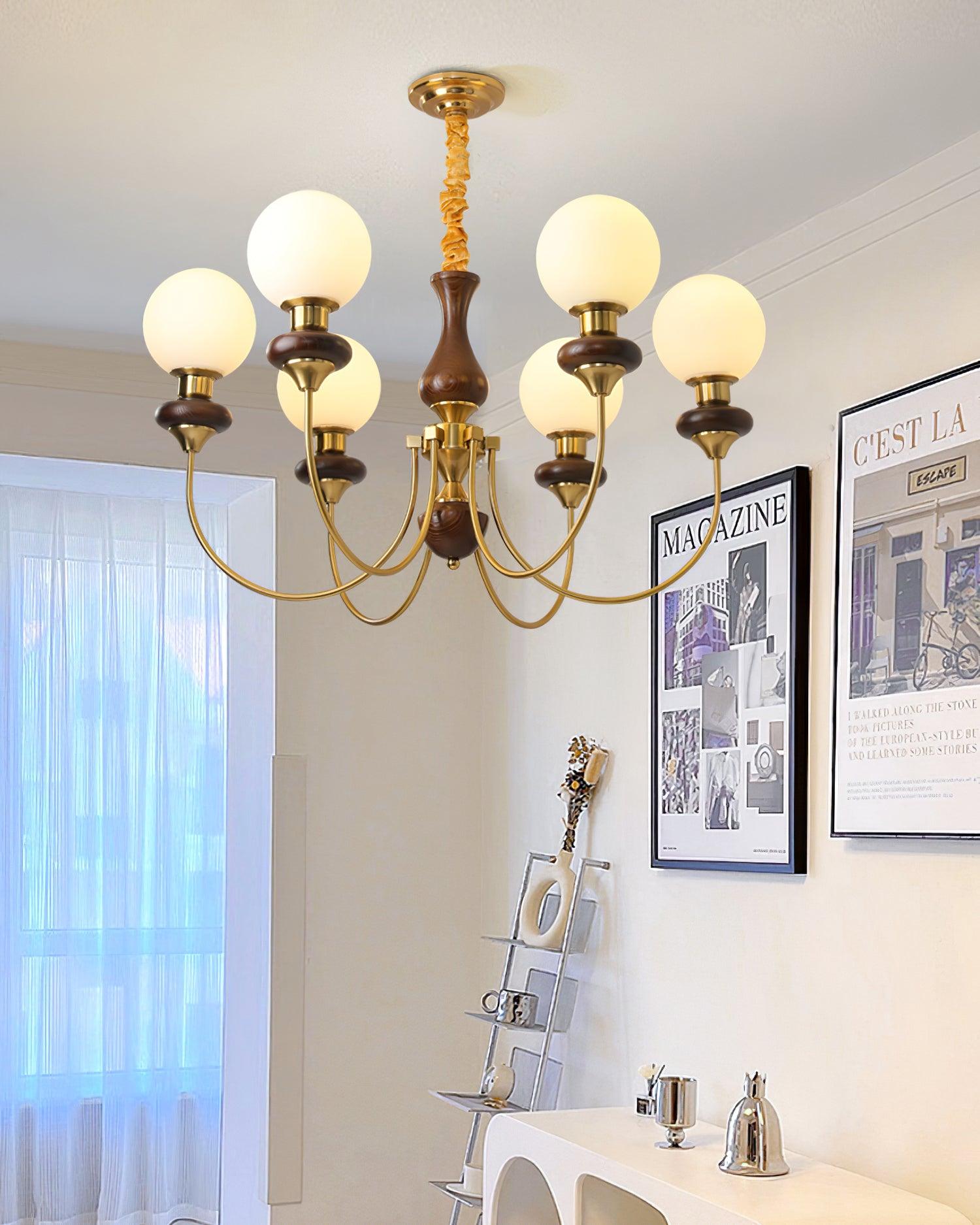 Chandelier Brass Curved Arms Walnut Vintage - Letslighting