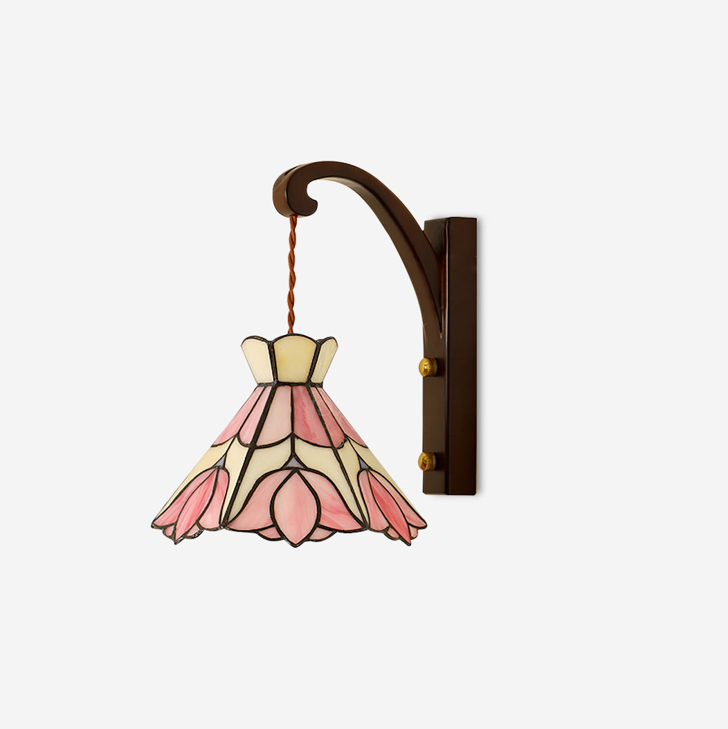 Wall Lamp Wood Body Tiffany Glass Shade Pink Floral Vintage Art - Letslighting