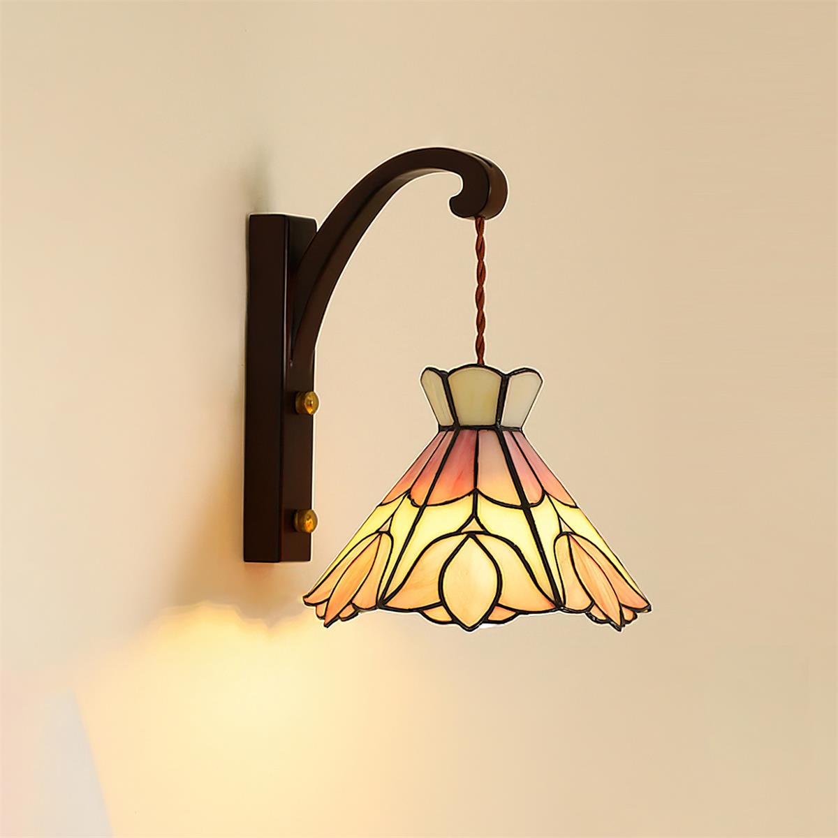 Wall Lamp Wood Body Tiffany Glass Shade Pink Floral Vintage Art - Letslighting