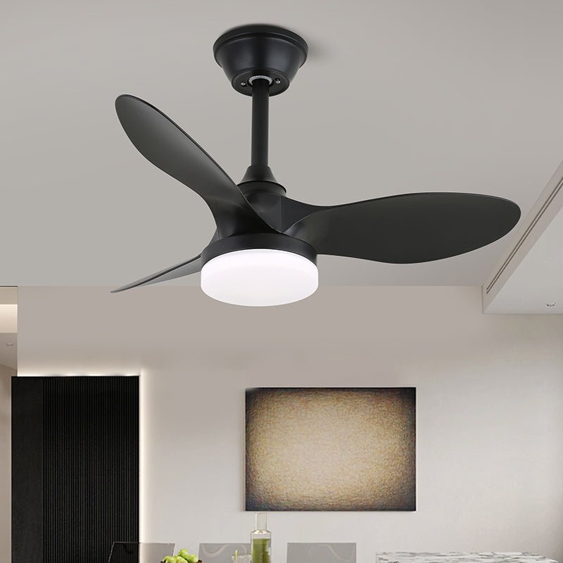 Ventilador de Techo Arden Minimalista de Madera Negra con Luz mostrando diferentes tamaños