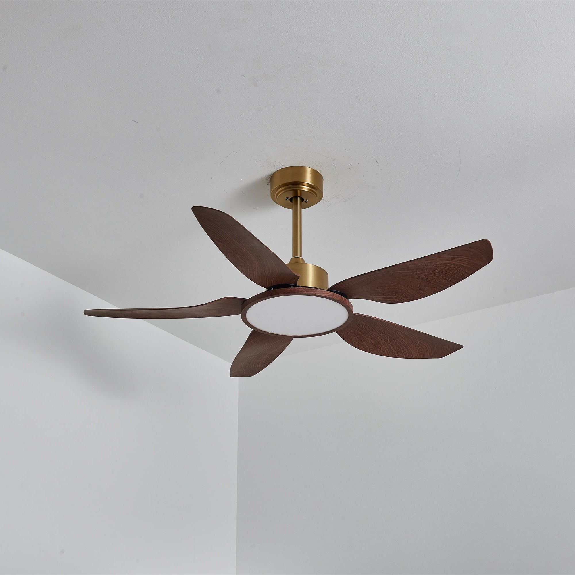Vista del ventilador con luz montado en un techo.