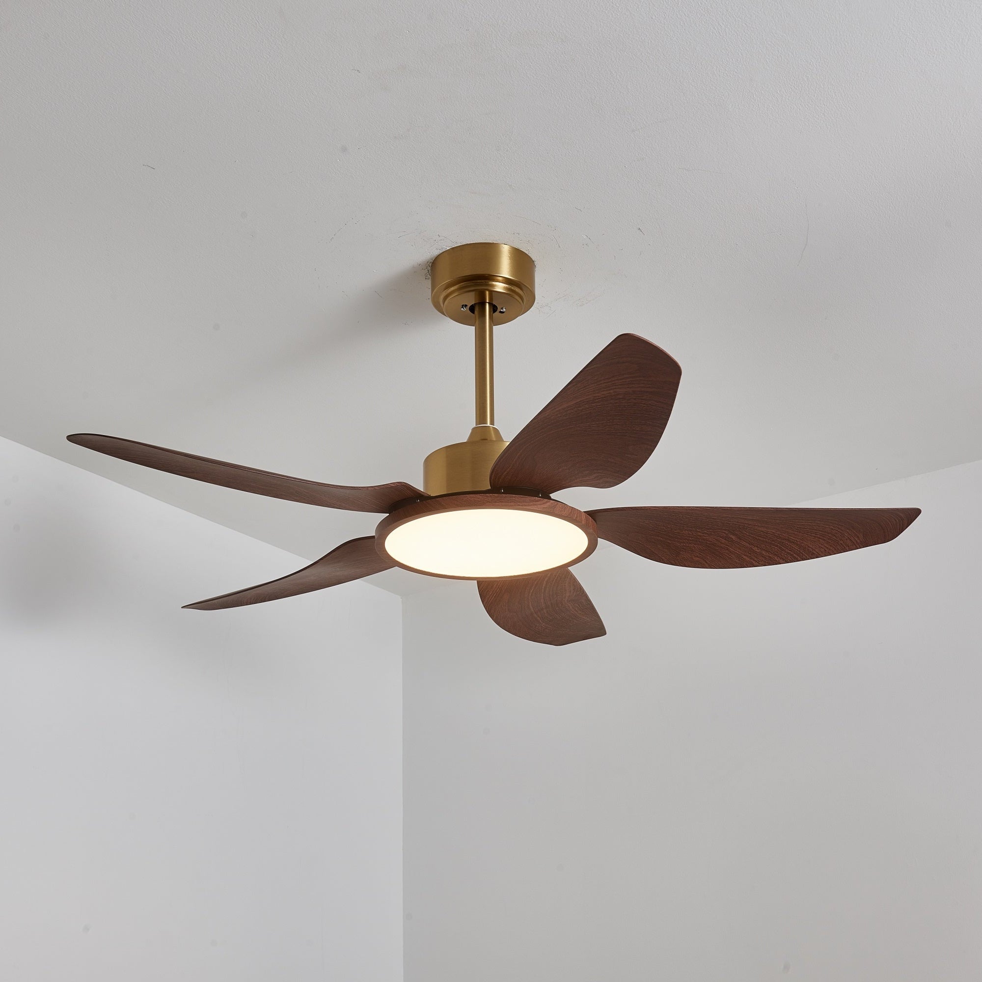 Primer plano de la luz LED integrada en el ventilador Aurelia.