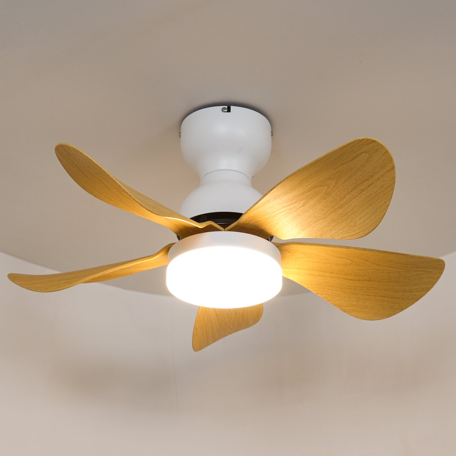 Lámpara Ventilador de Techo Callen de Madera, mostrando el ventilador en movimiento