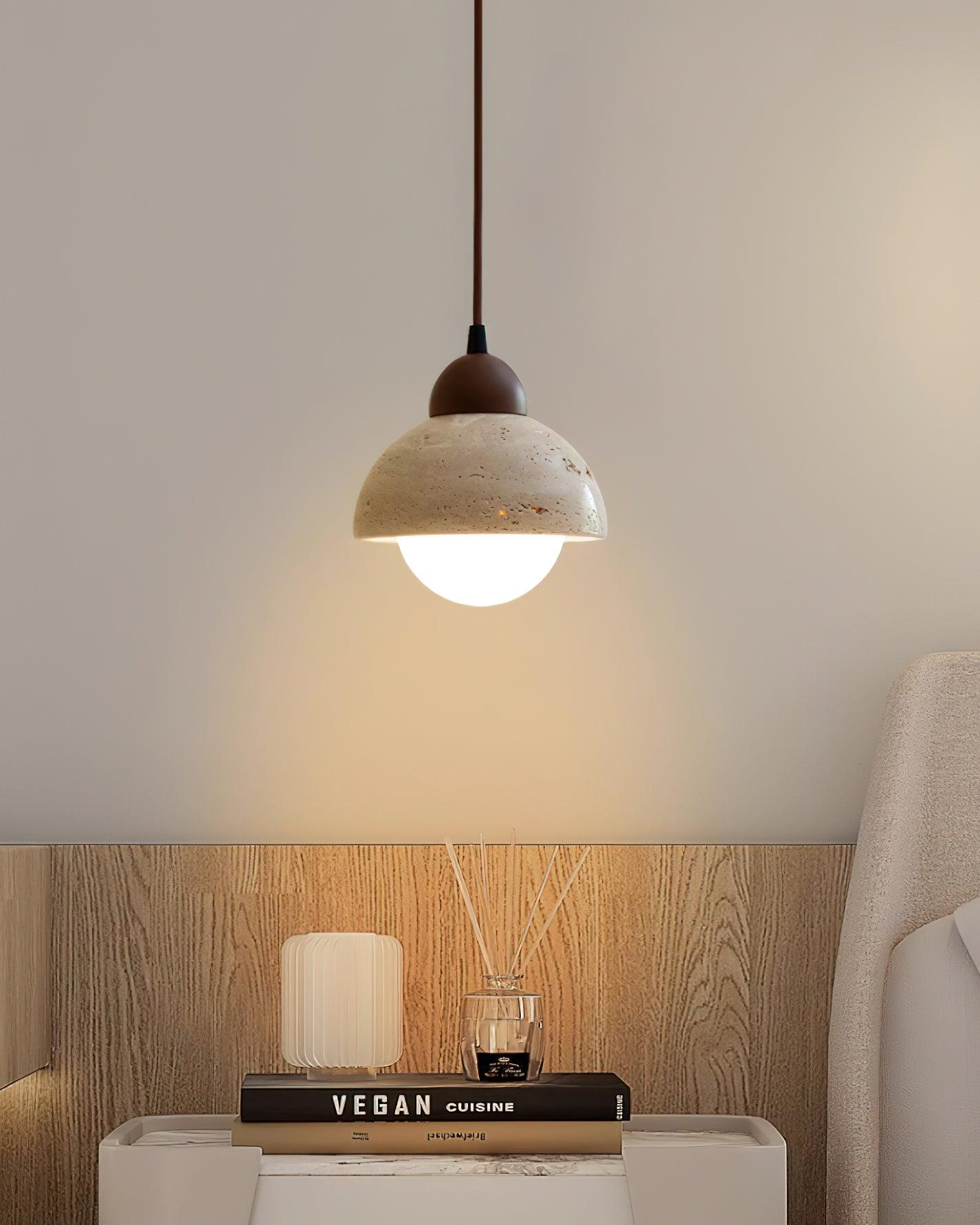 Pendant Lamp Wood Top Yellow Travertine Glass Shade White Beige Modern - Letslighting