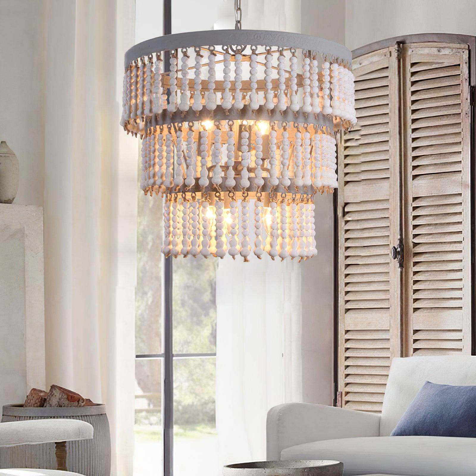 Three Tiered Wood Beaded Chandelier - Letslighting