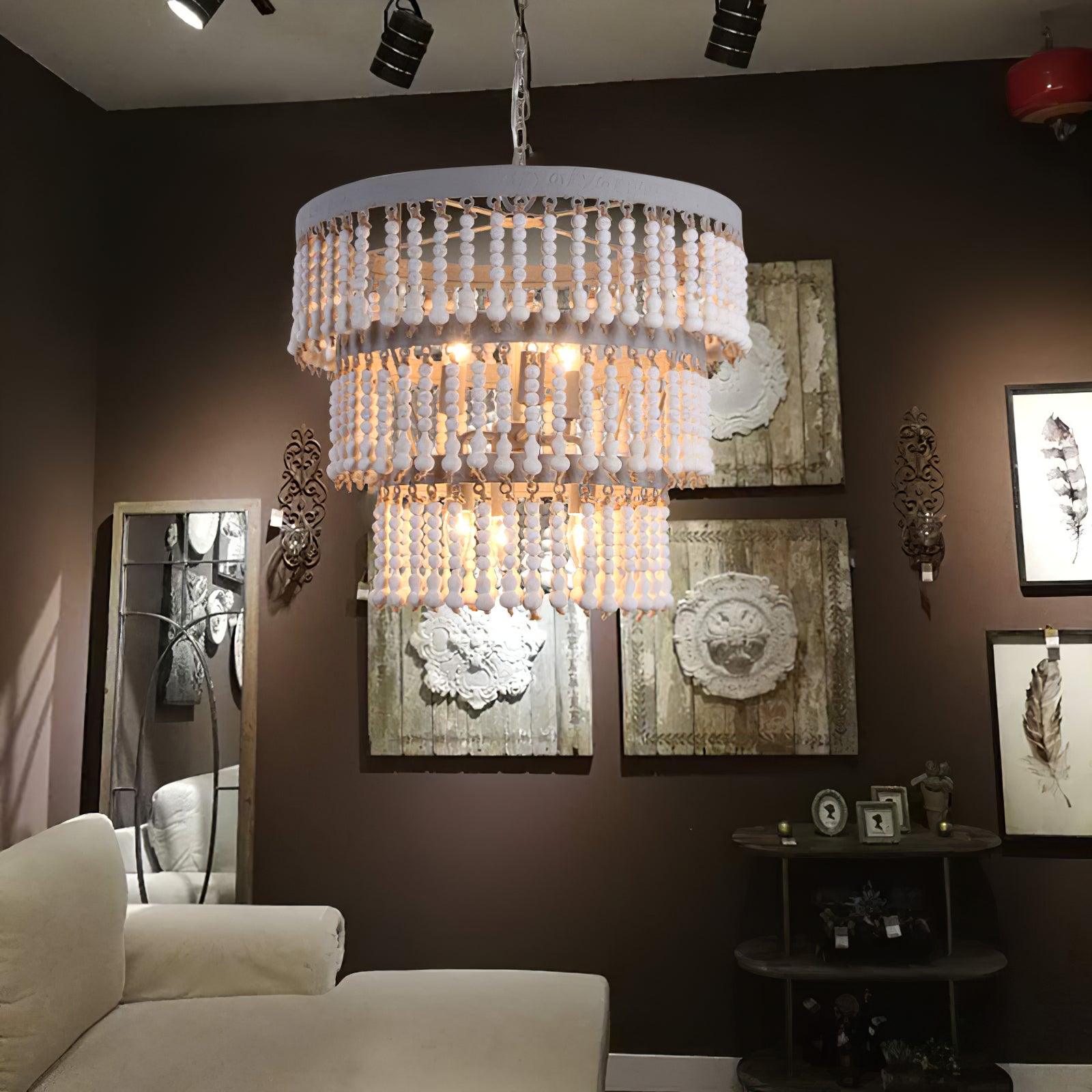 Three Tiered Wood Beaded Chandelier - Letslighting
