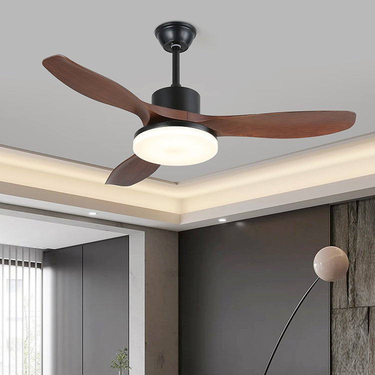 Primer plano del motor y la luz del Ventilador de Techo Darian Minimalista de Madera con Luz