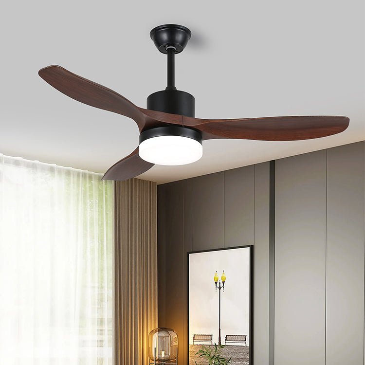 Ventilador de Techo Darian Minimalista de Madera con Luz en una sala de estar moderna