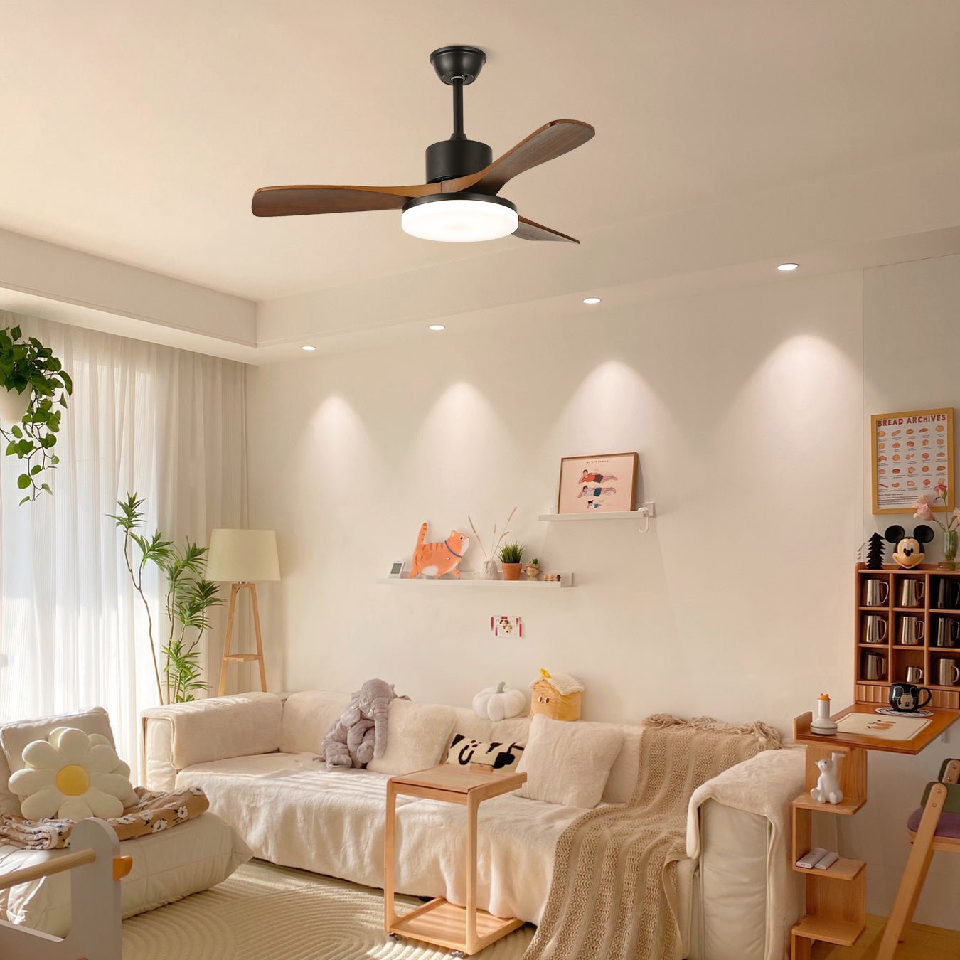 Ventilador de Techo Darian Minimalista de Madera con Luz, Modelo D, 48 pulgadas de diámetro